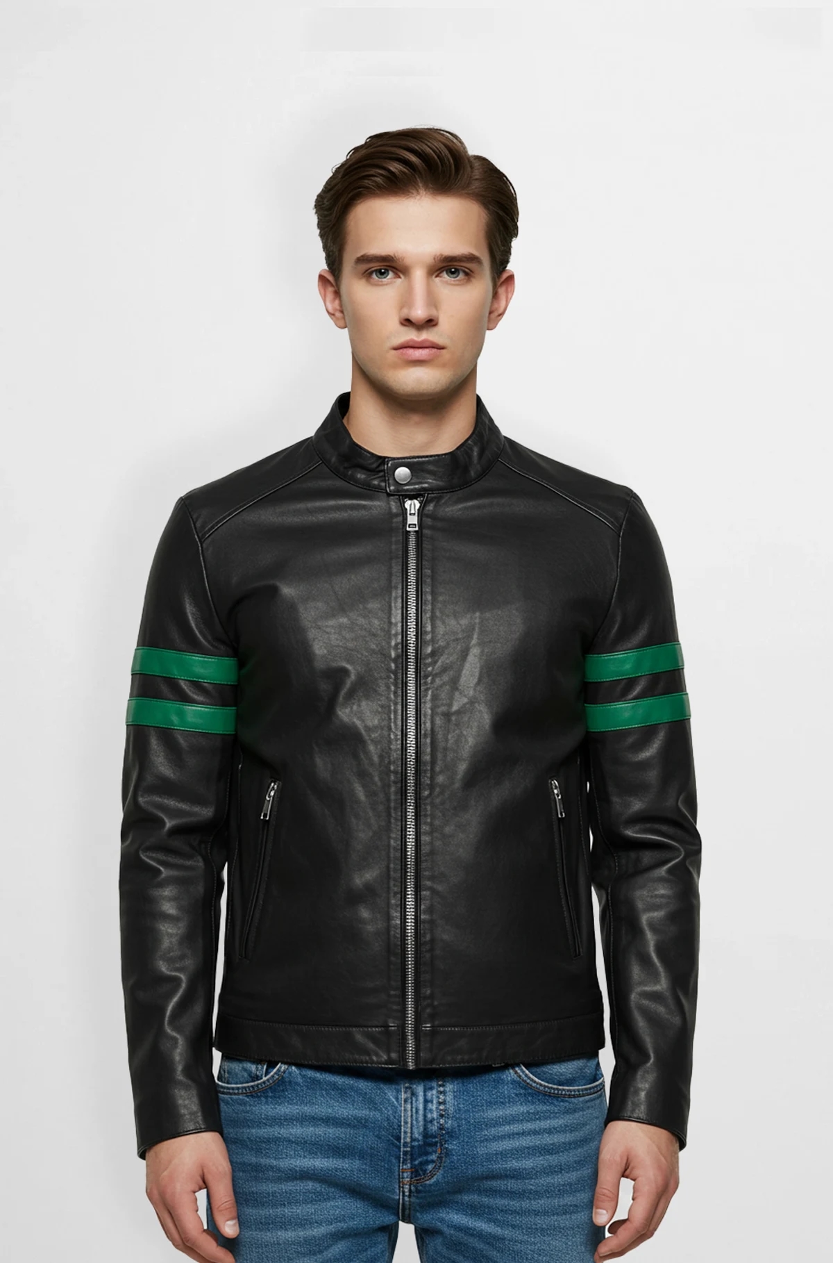 Black Leather Racer Jacket with Green Stripes Black Leather Racer Jacket with Green Stripes