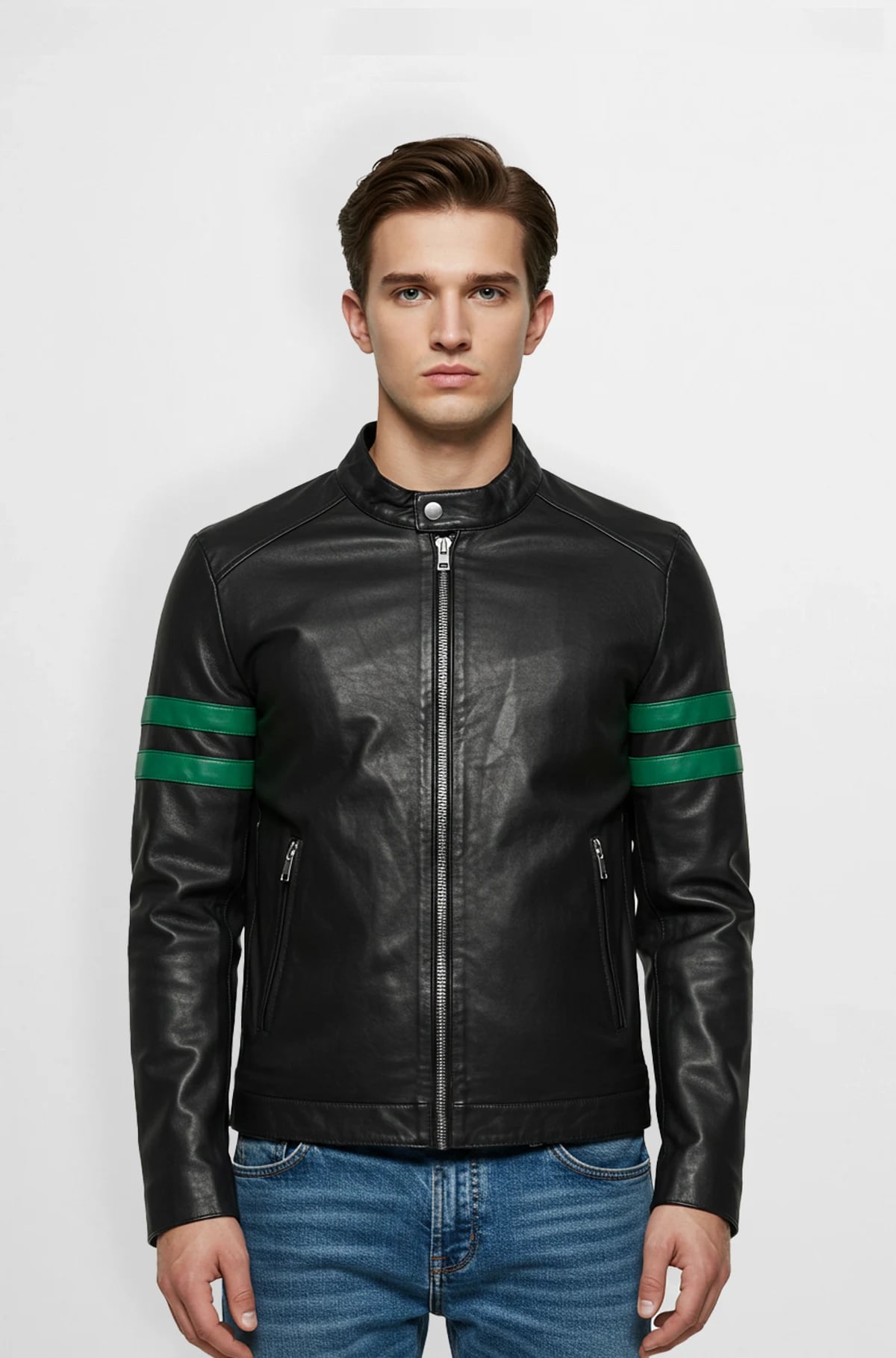 Black Leather Racer Jacket with Green Stripes Black Leather Racer Jacket with Green Stripes