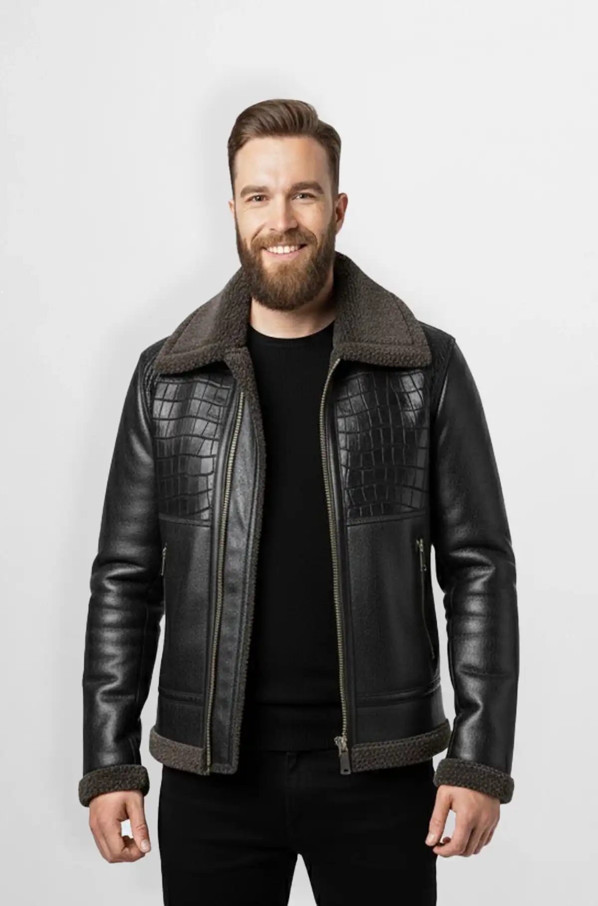 Black Python Aviator Leather Jacket Black Python Aviator Leather Jacket