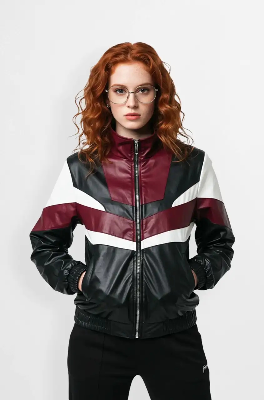 Black and Burgundy Leather Bomber Jacket with Color Block Design Black and Burgundy Leather Bomber Jacket with Color Block Design