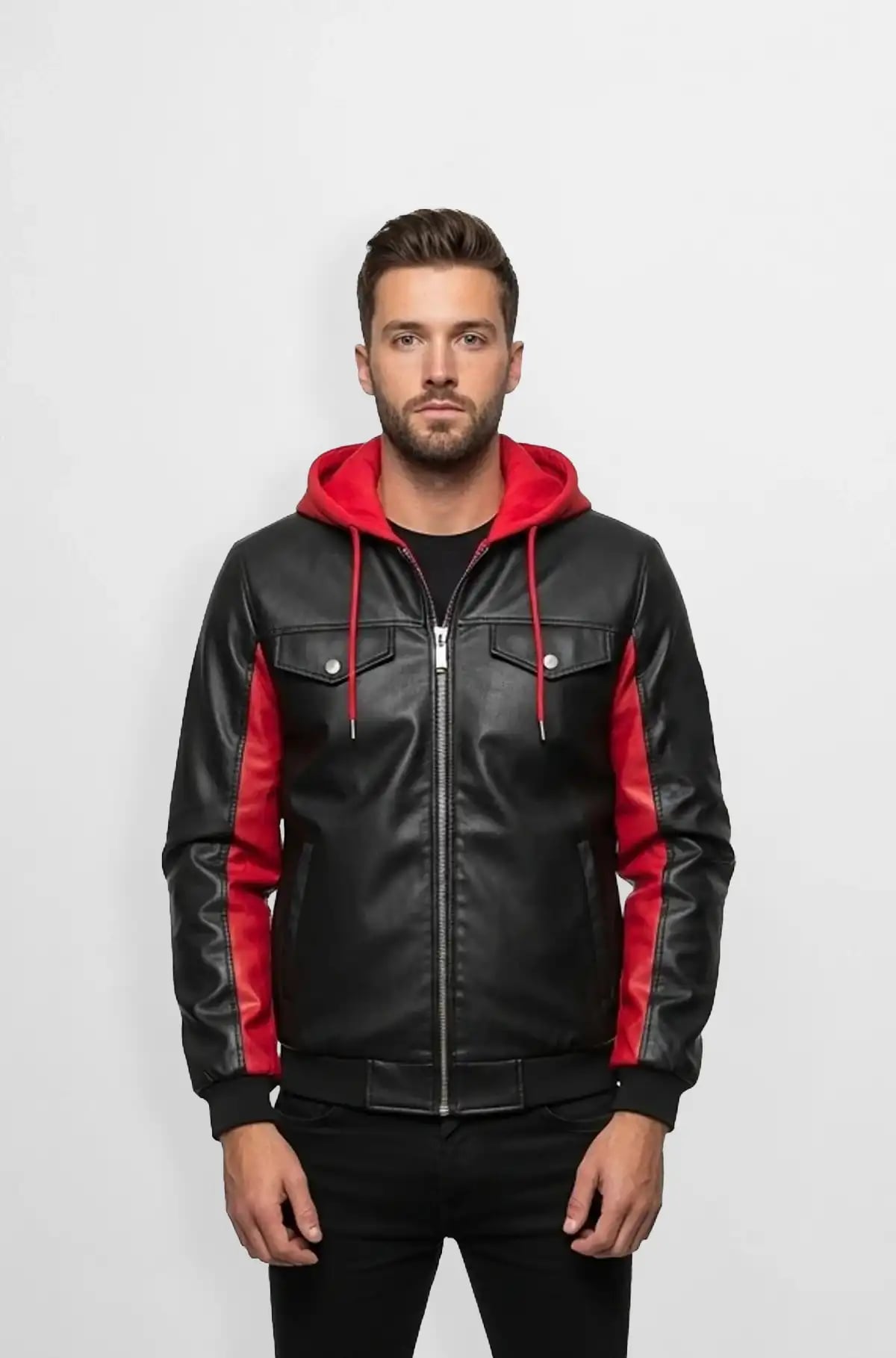 Black and Red Hooded Leather Jacket for Men Black and Red Hooded Leather Jacket for Men
