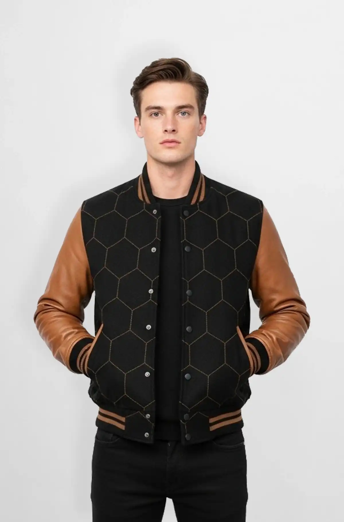 Black body with brown leather sleeves Varsity Leather Jacket Black body with brown leather sleeves Varsity Leather Jacket