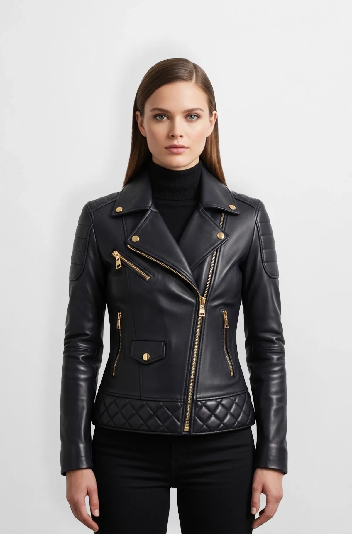 Black with Gold Quilted Leather Motorcycle Jacket for Women Black with Gold Quilted Leather Motorcycle Jacket for Women