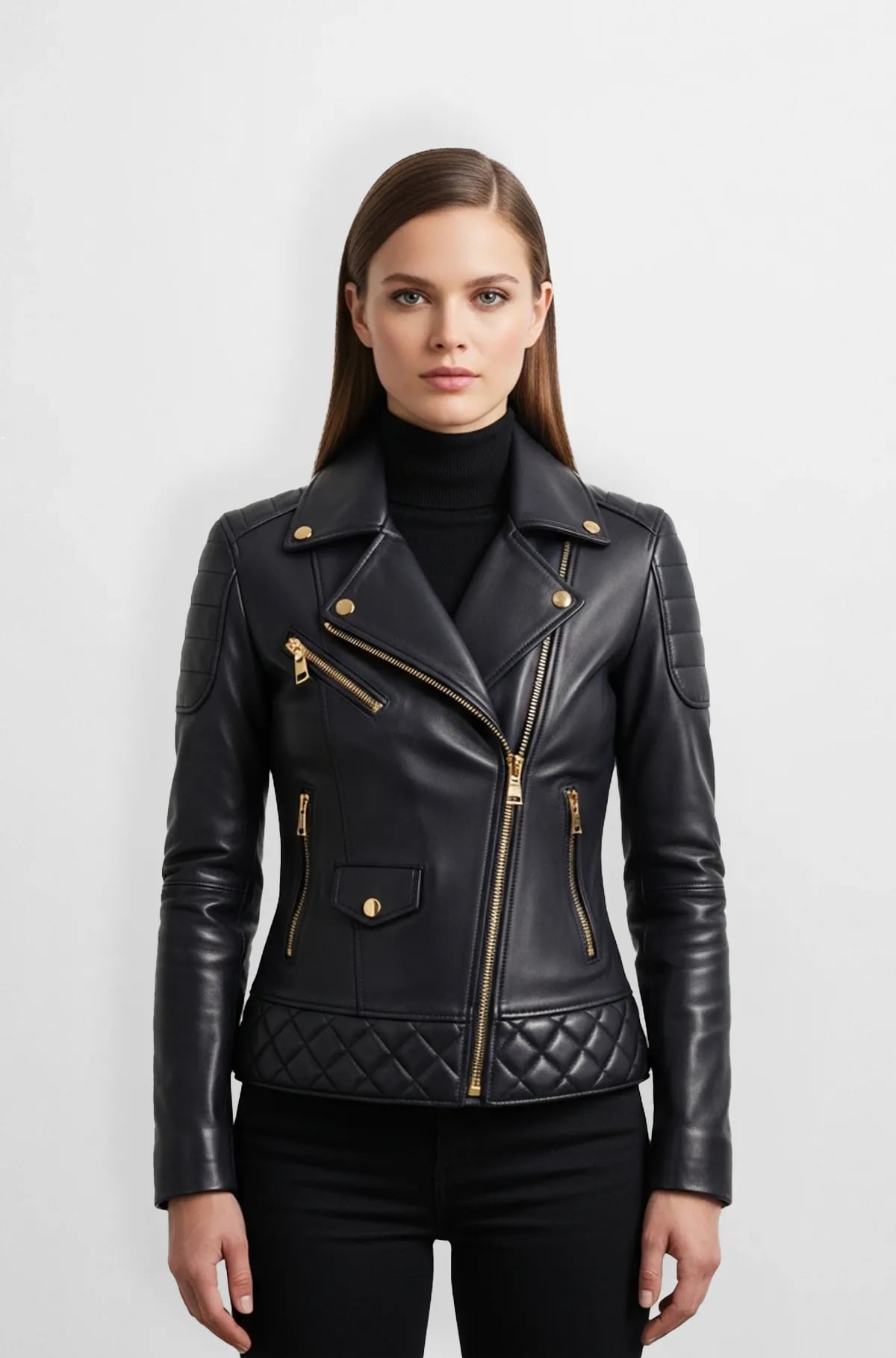 Black with Gold Quilted Leather Motorcycle Jacket for Women Black with Gold Quilted Leather Motorcycle Jacket for Women