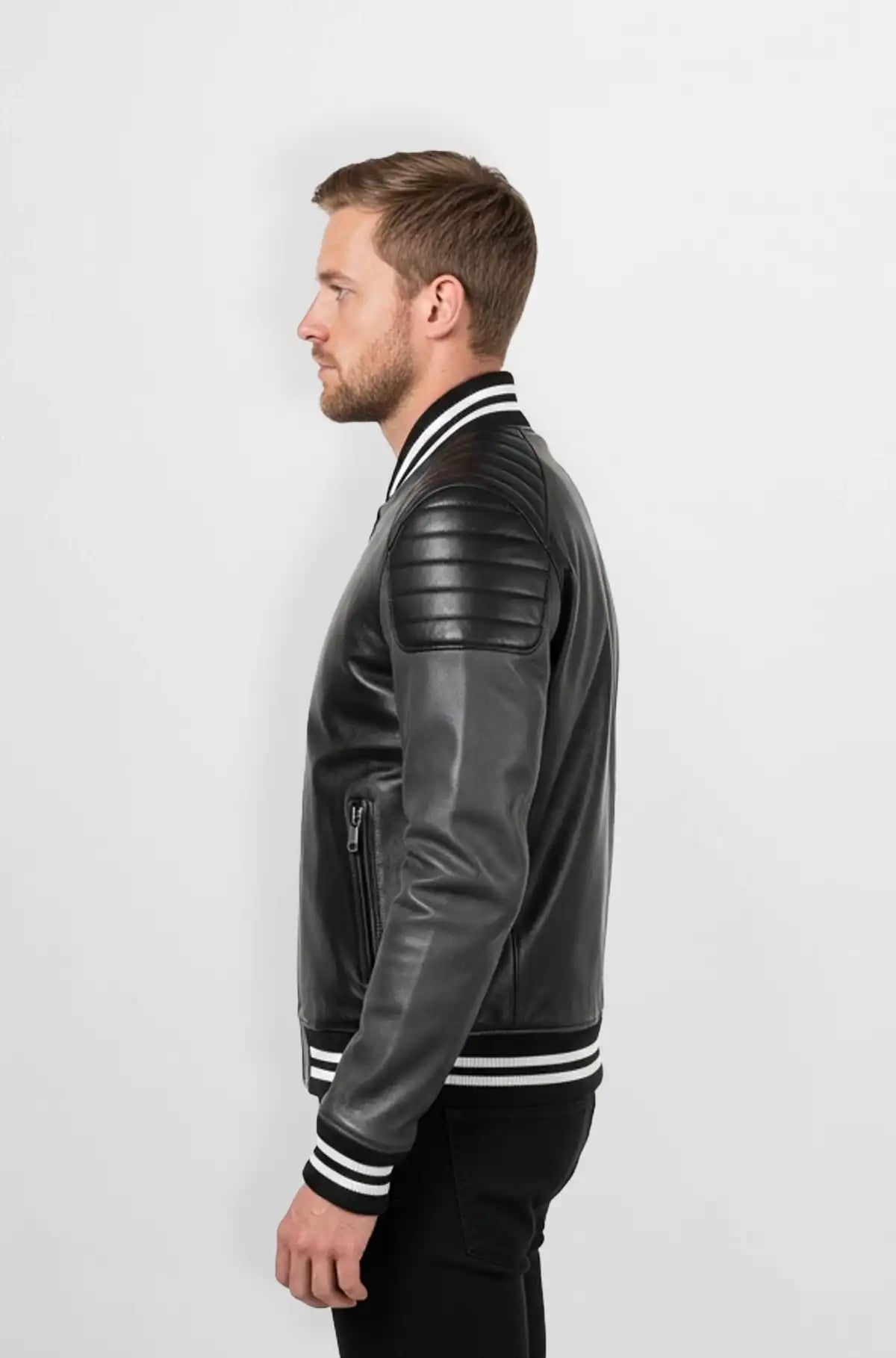 Black with White Stripes Two Tone Leather Bomber Jacket Black with White Stripes Two Tone Leather Bomber Jacket