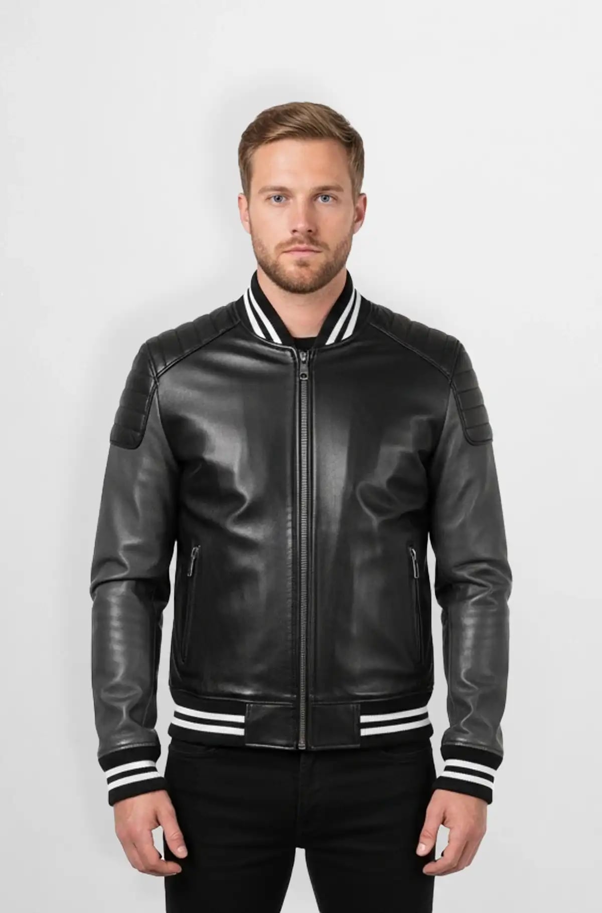 Black with White Stripes Two Tone Leather Bomber Jacket Black with White Stripes Two Tone Leather Bomber Jacket