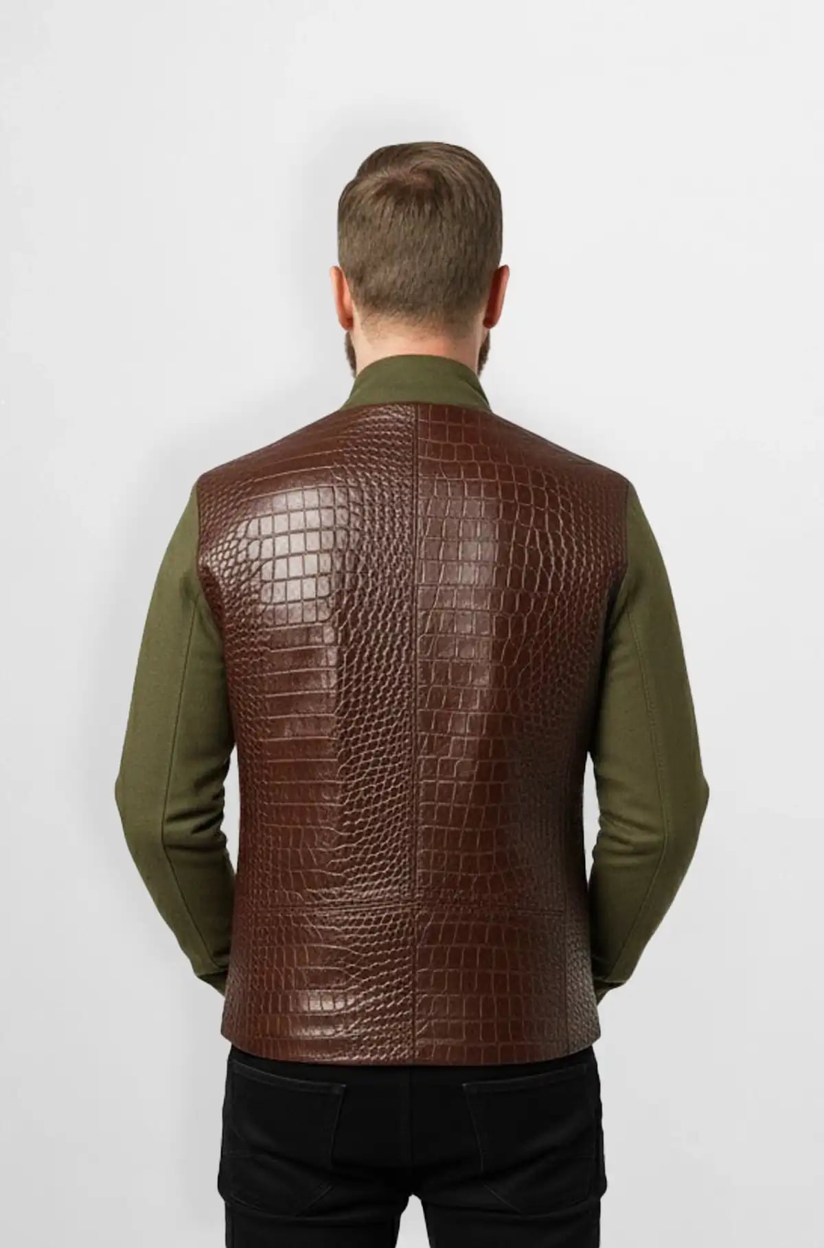 Brown And Olive Green Crocodile Leather Wool Bomber Jacket Brown And Olive Green Crocodile Leather Wool Bomber Jacket