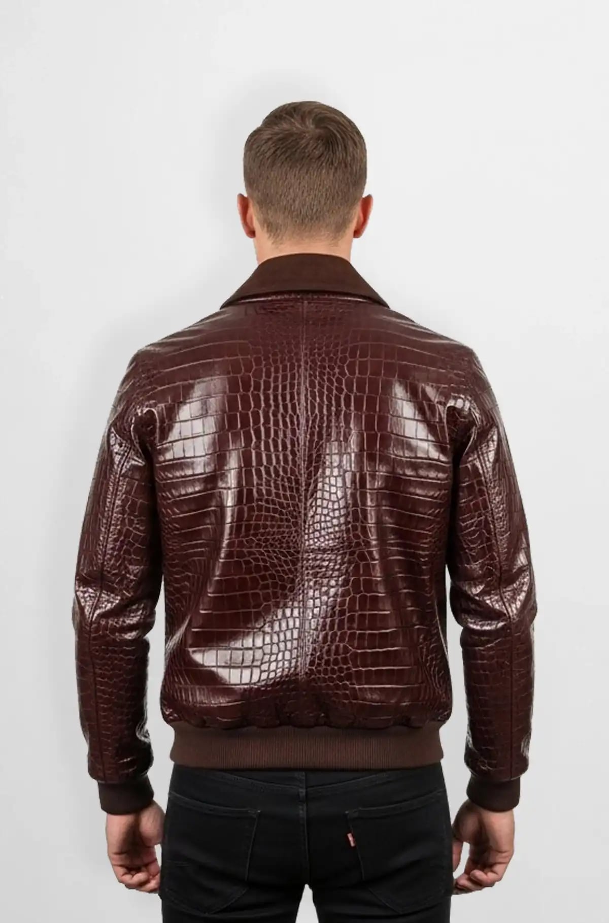 Brown Croc Embossed Bomber Leather Jacket Brown Croc Embossed Bomber Leather Jacket