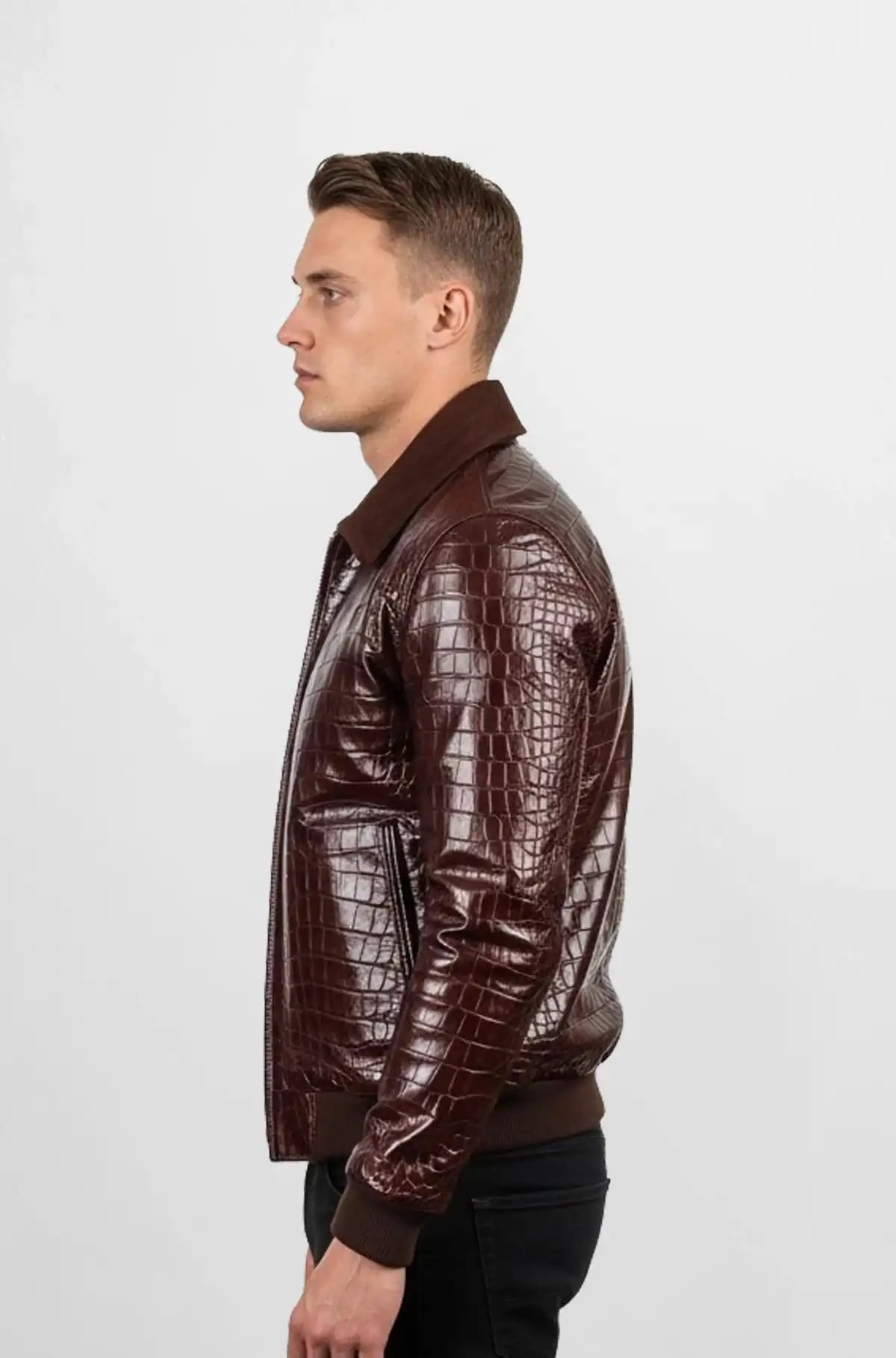 Brown Croc Embossed Bomber Leather Jacket Brown Croc Embossed Bomber Leather Jacket