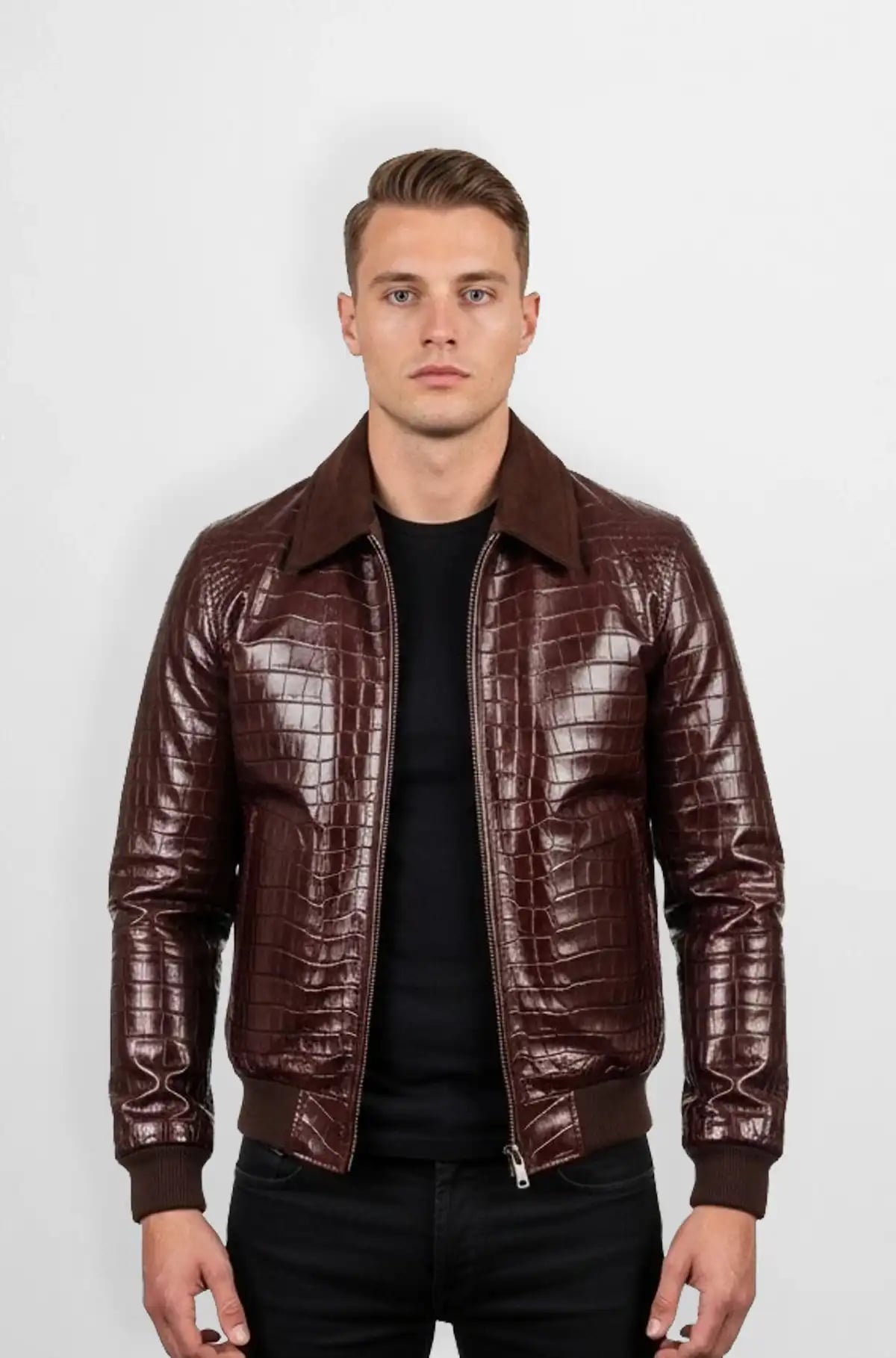 Brown Croc Embossed Bomber Leather Jacket Brown Croc Embossed Bomber Leather Jacket