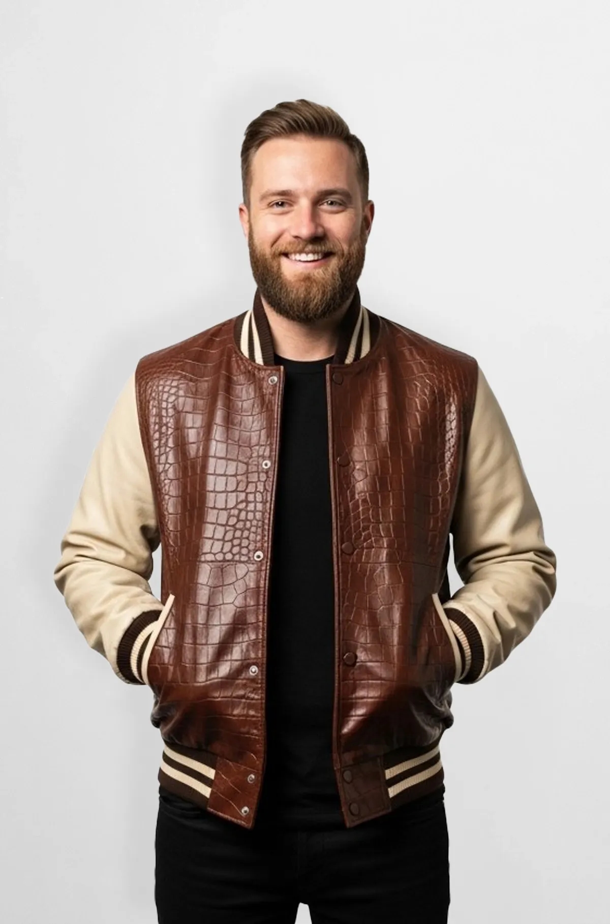 Brown Croc Embossed Varsity Leather Jacket Brown Croc Embossed Varsity Leather Jacket