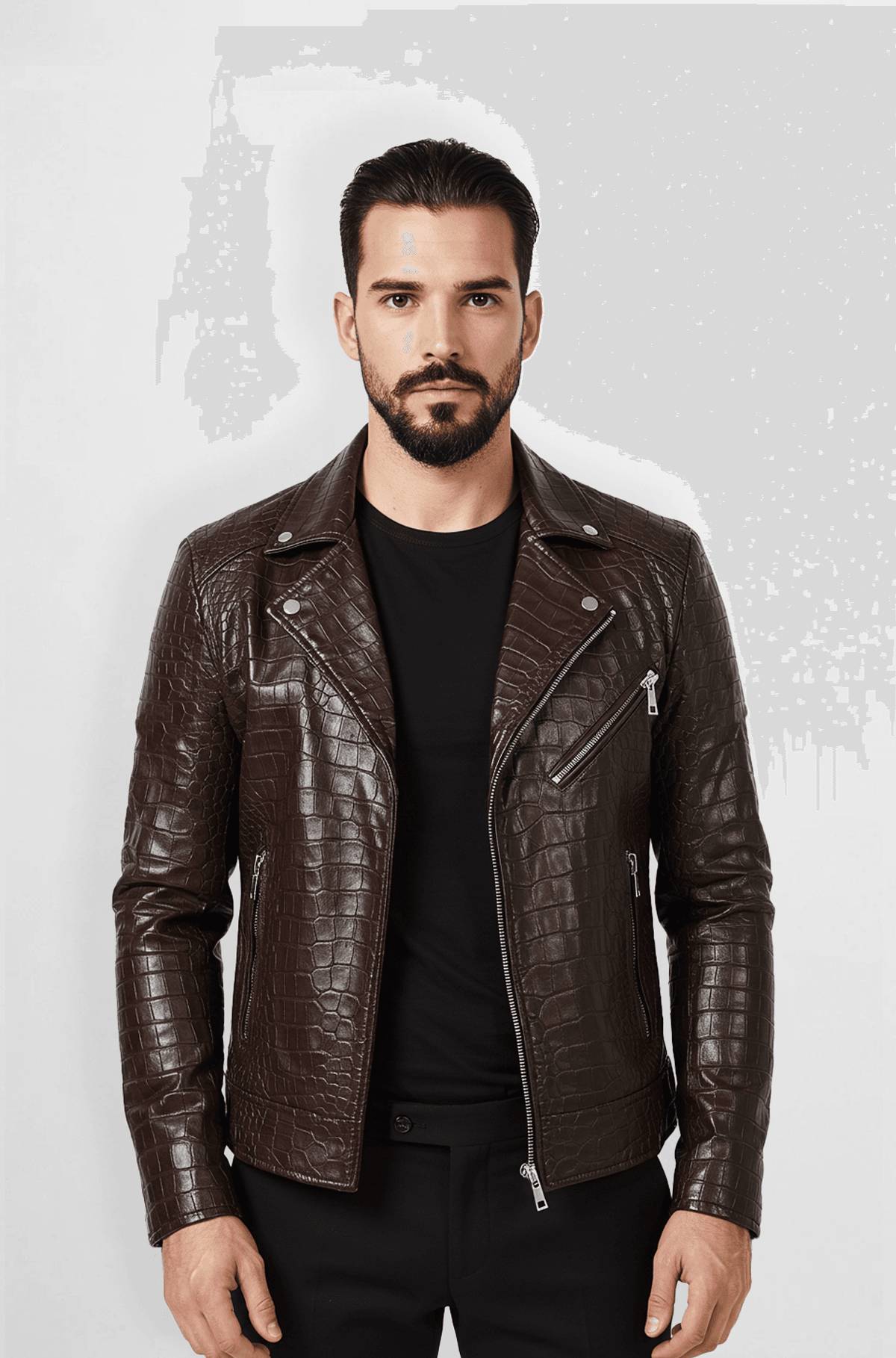 Brown Crocodile Embossed Leather Biker Jacket Brown Crocodile Embossed Leather Biker Jacket