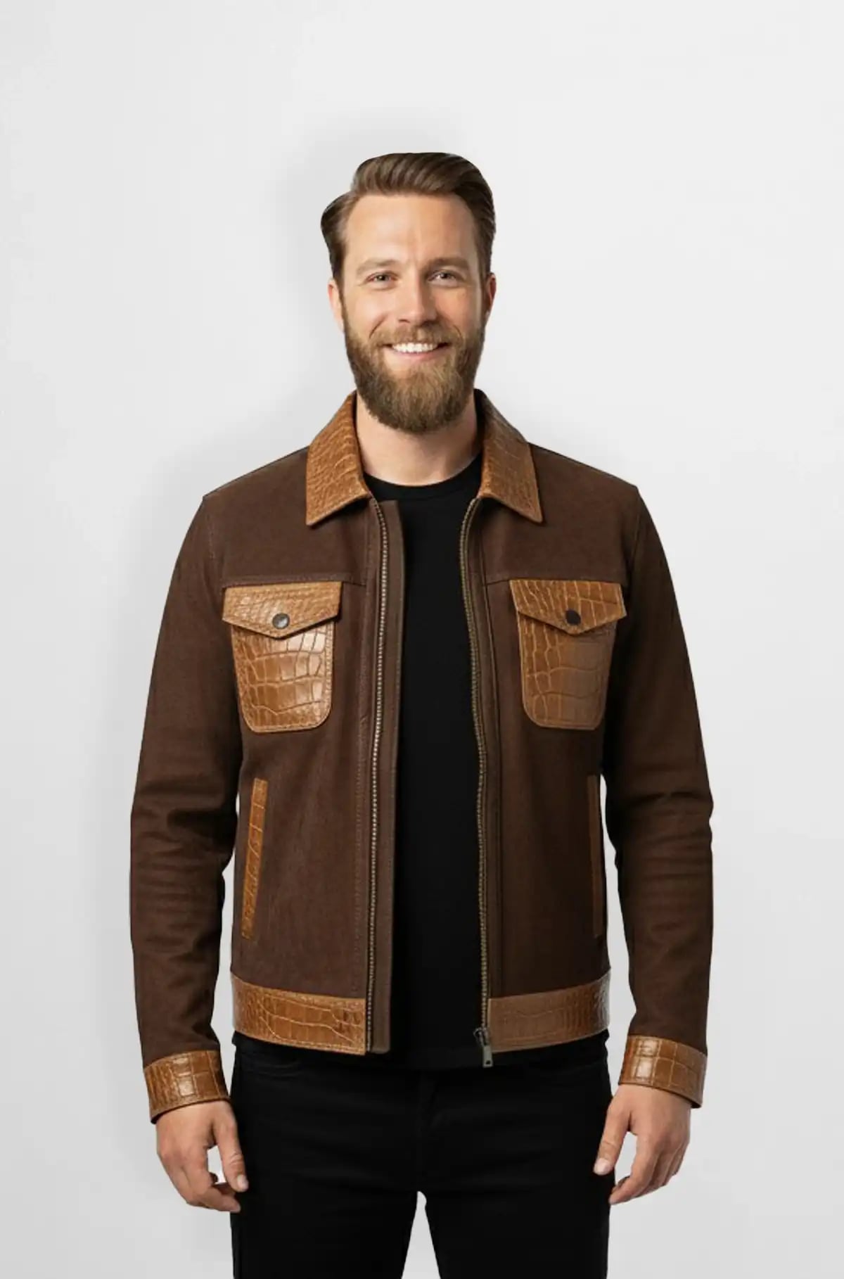 Brown Crocodile Leather Wool Trucker Jacket Brown Crocodile Leather Wool Trucker Jacket