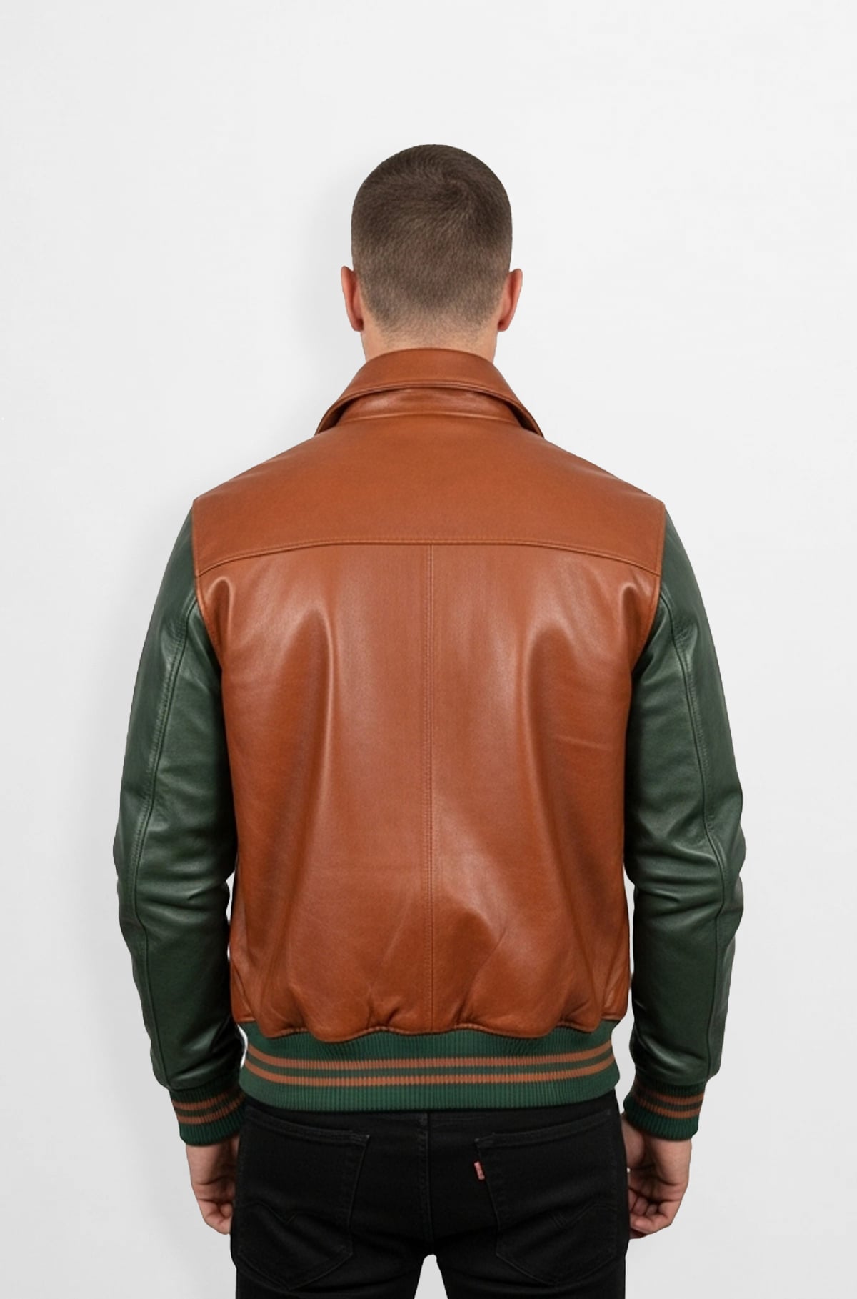 Brown Leather Varsity Jacket with green sleeve Brown Leather Varsity Jacket with green sleeve