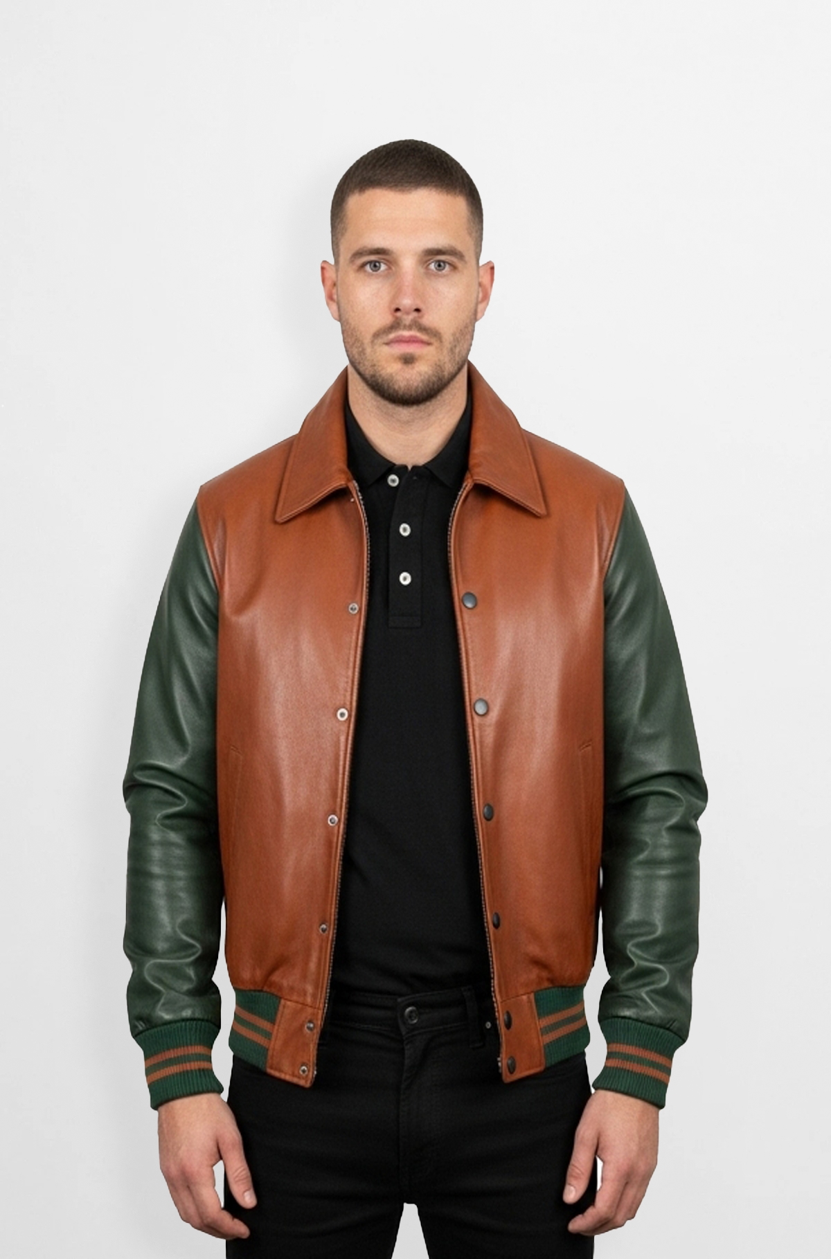 Brown Leather Varsity Jacket with green sleeve Brown Leather Varsity Jacket with green sleeve