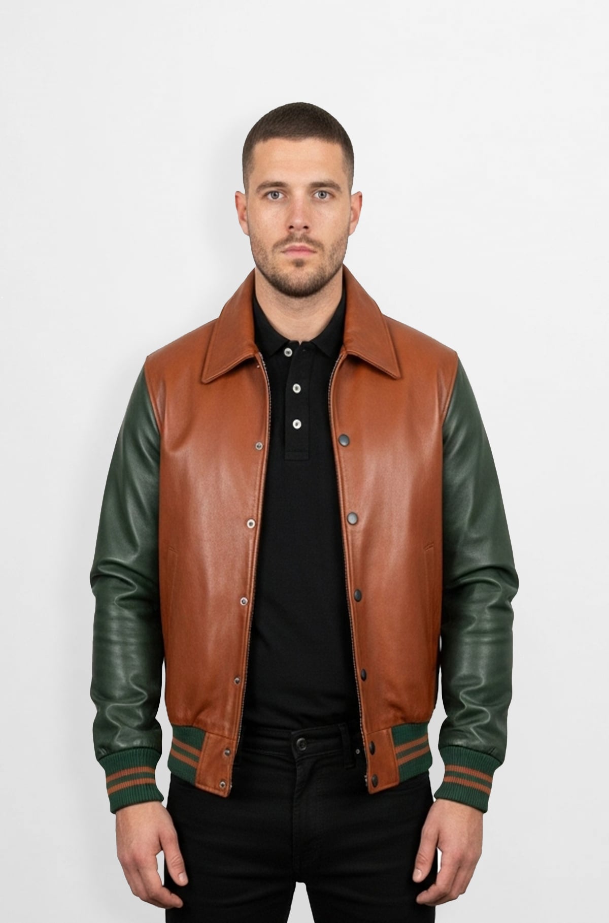 Brown Leather Varsity Jacket with green sleeve Brown Leather Varsity Jacket with green sleeve