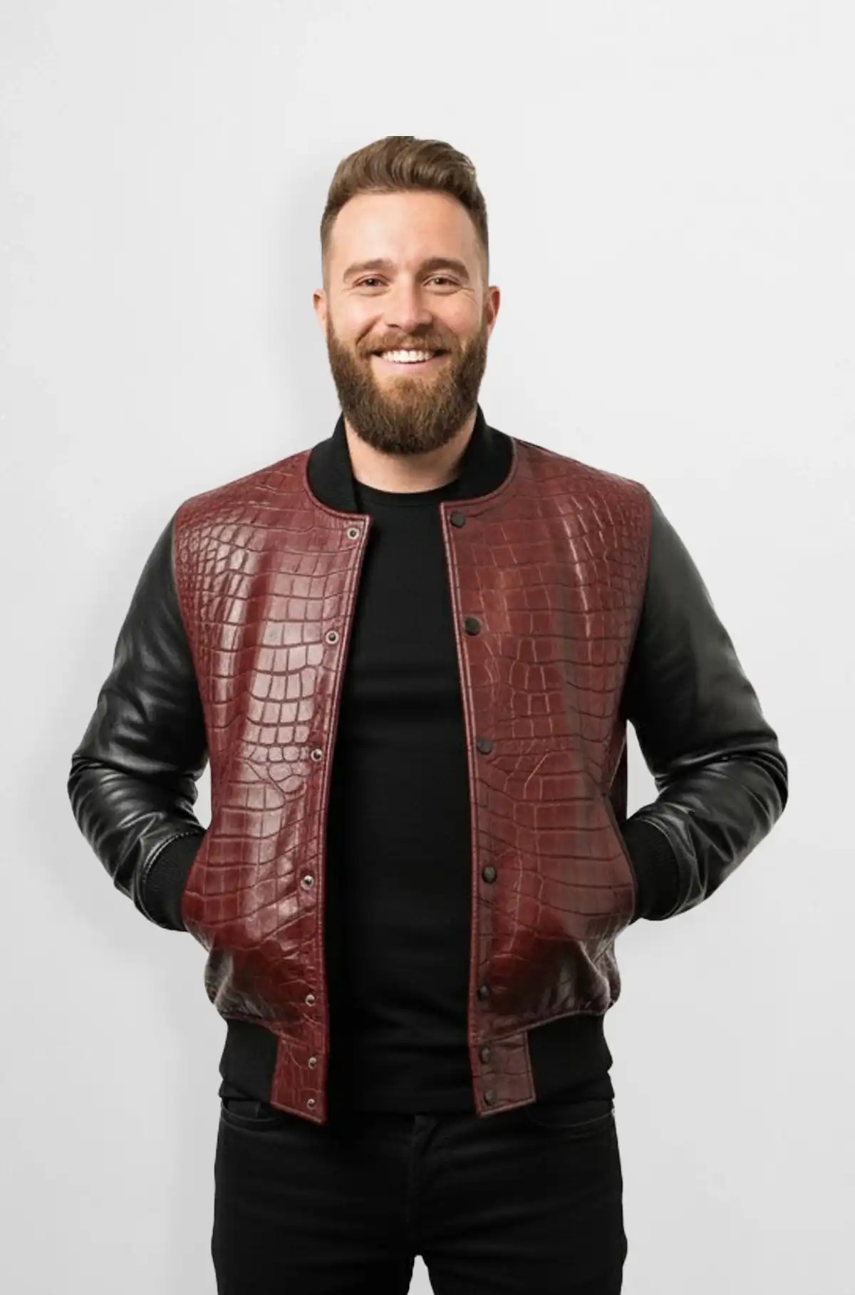Burgundy Croc Embossed Leather Bomber Jacket Burgundy Croc Embossed Leather Bomber Jacket