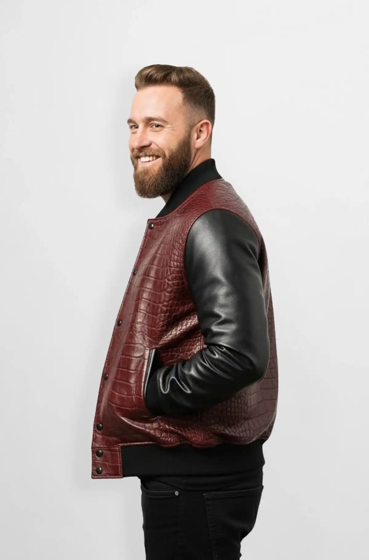 Burgundy Croc Embossed Leather Bomber Jacket Burgundy Croc Embossed Leather Bomber Jacket