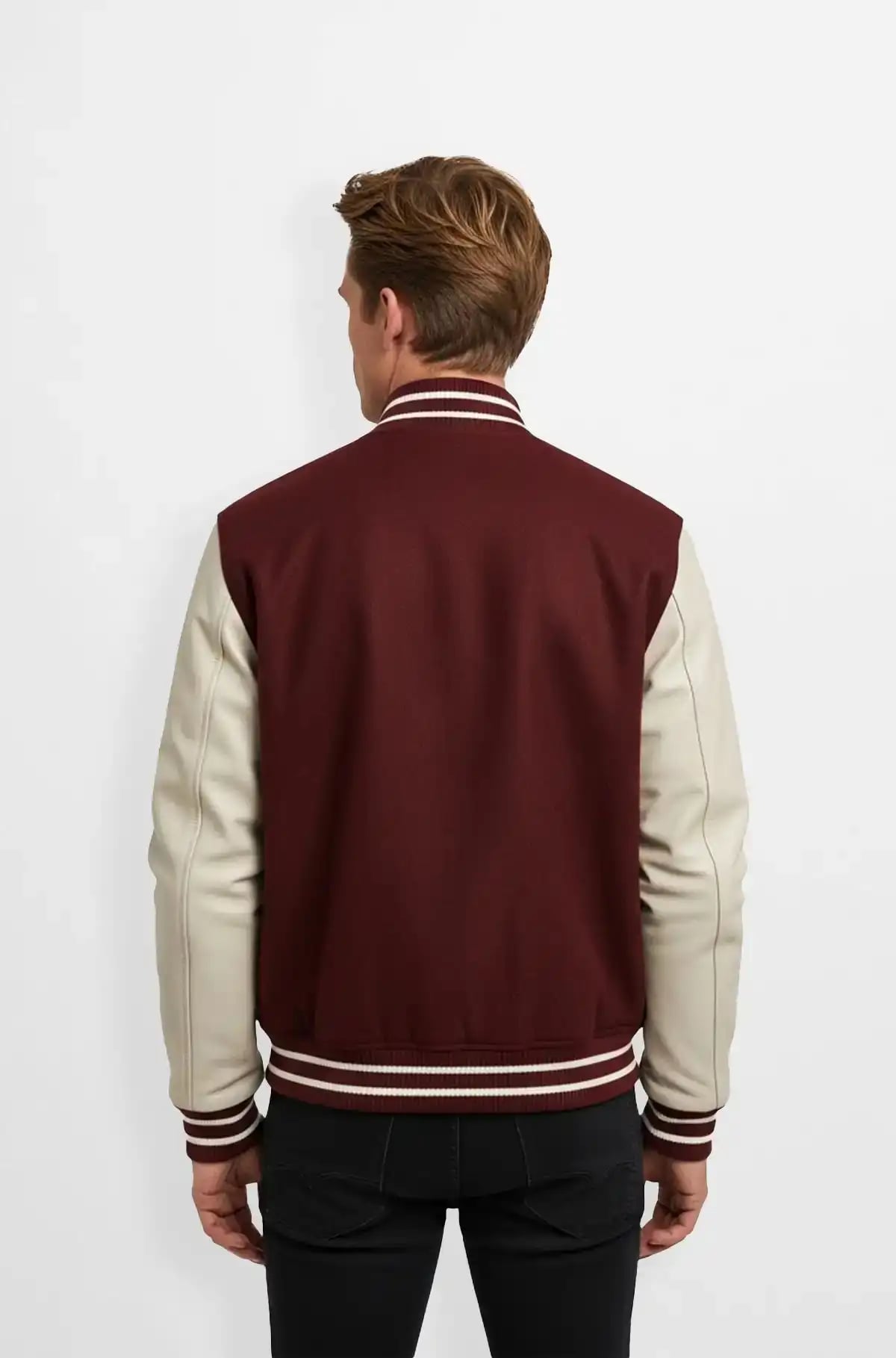 Burgundy Wool Body with Leather Sleeves Varsity Jacket Burgundy Wool Body with Leather Sleeves Varsity Jacket