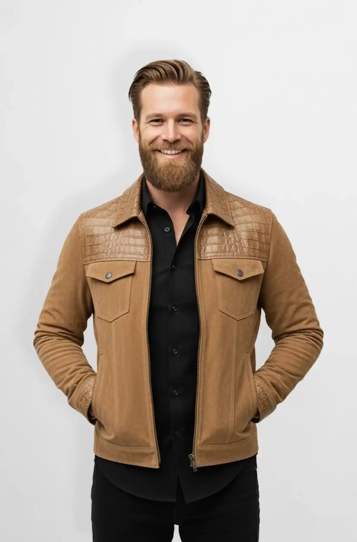 Camel Tan Crocodile Suede Trucker Jacket Camel Tan Crocodile Suede Trucker Jacket