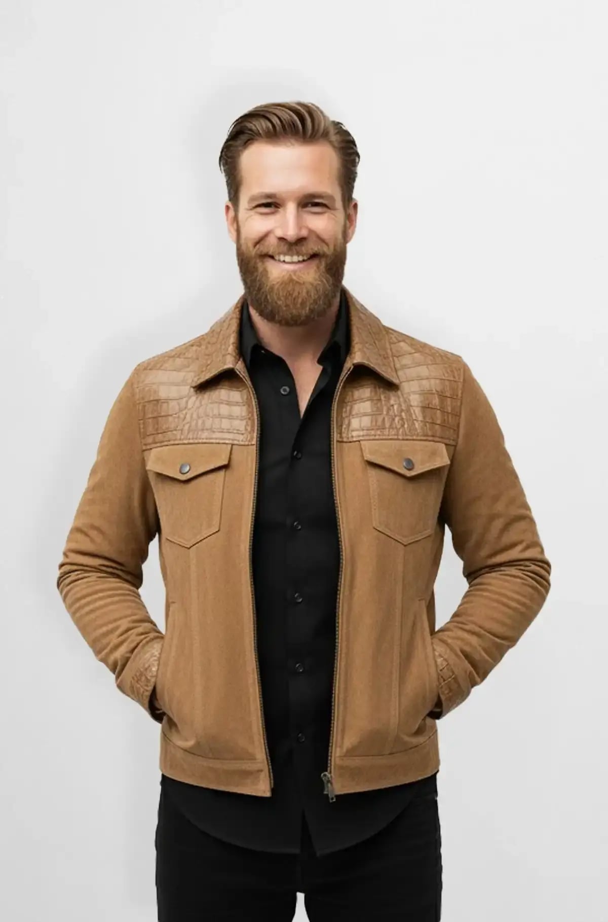 Camel Tan Crocodile Suede Trucker Jacket Camel Tan Crocodile Suede Trucker Jacket