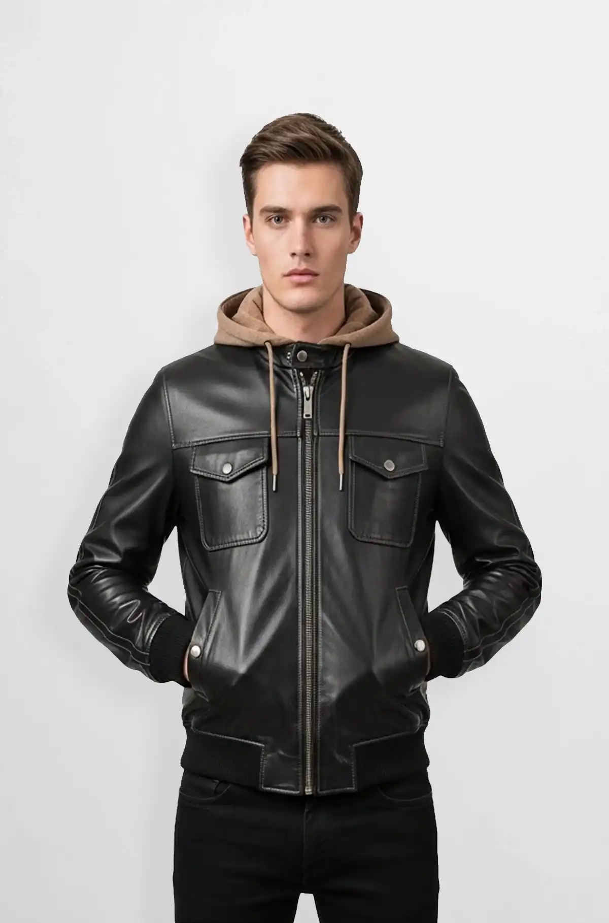 Charcoal Black Bomber Leather Jacket with Hoodie Charcoal Black Bomber Leather Jacket with Hoodie