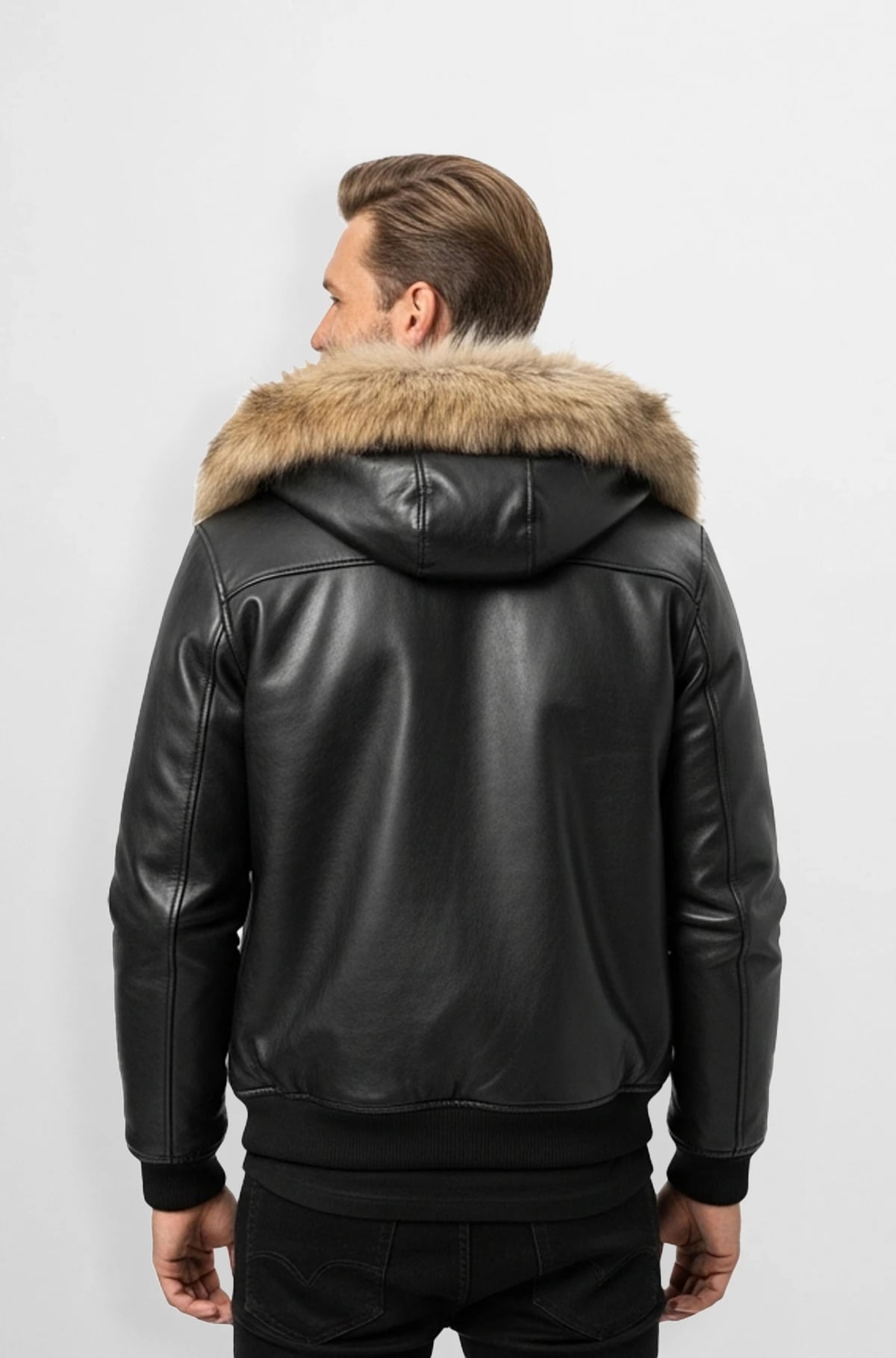 Charcoal Black Fur Hood Leather Jacket Charcoal Black Fur Hood Leather Jacket