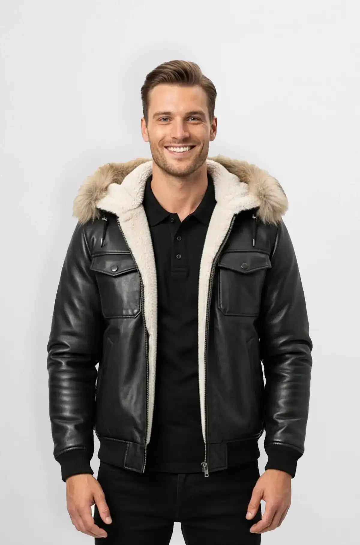 Charcoal Black Fur Hood Leather Jacket Charcoal Black Fur Hood Leather Jacket