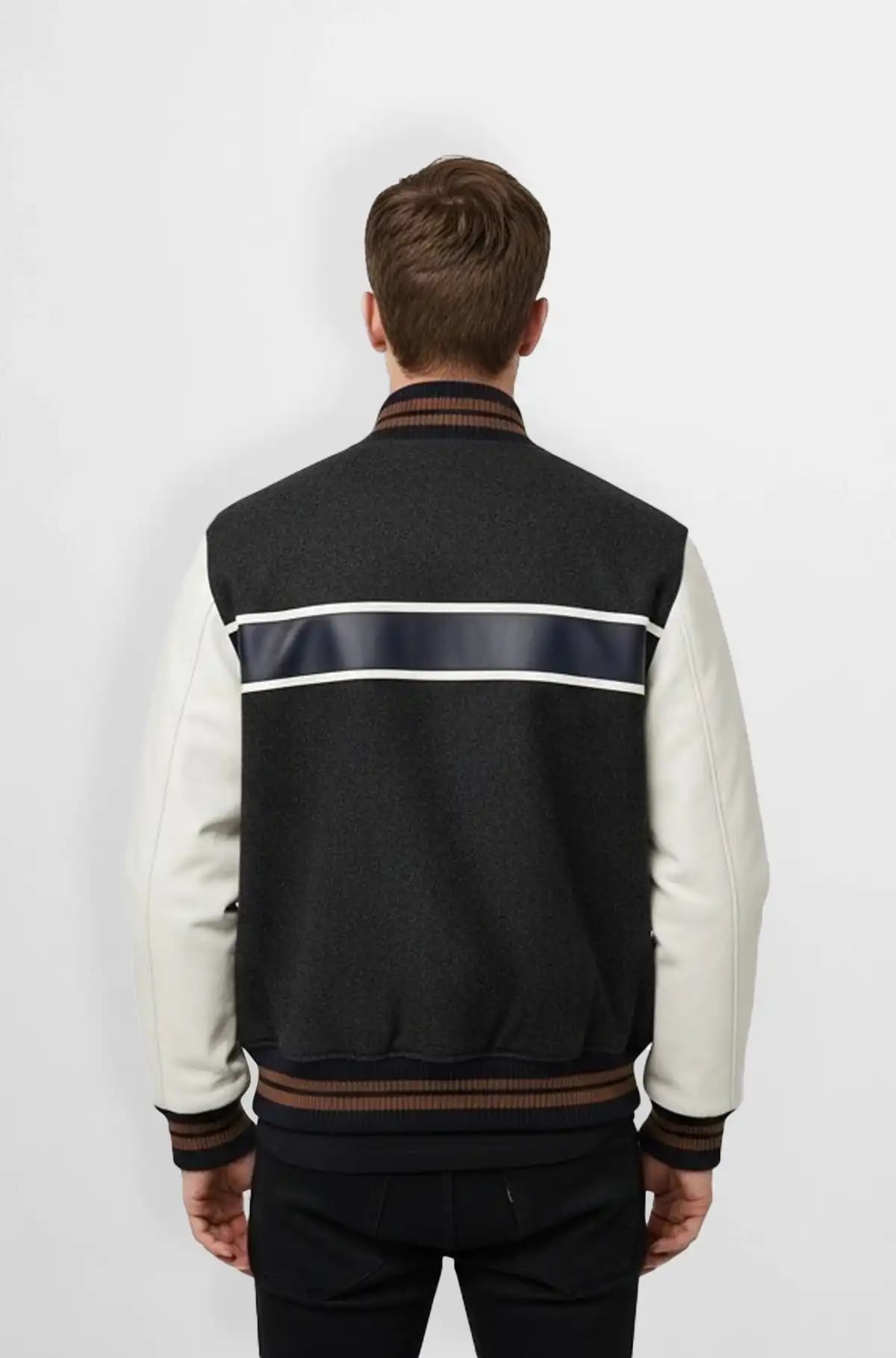 Charcoal Black with White And Navy Blue Stripe Varsity Jacket Charcoal Black with White And Navy Blue Stripe Varsity Jacket