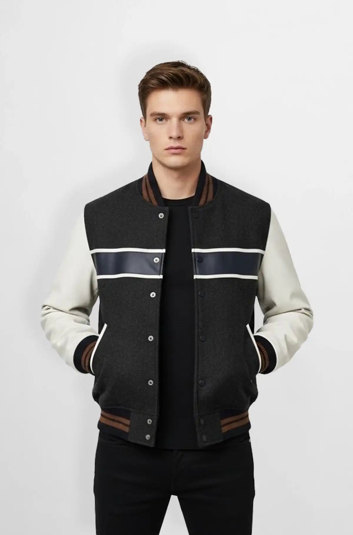 Charcoal Black with White And Navy Blue Stripe Varsity Jacket Charcoal Black with White And Navy Blue Stripe Varsity Jacket
