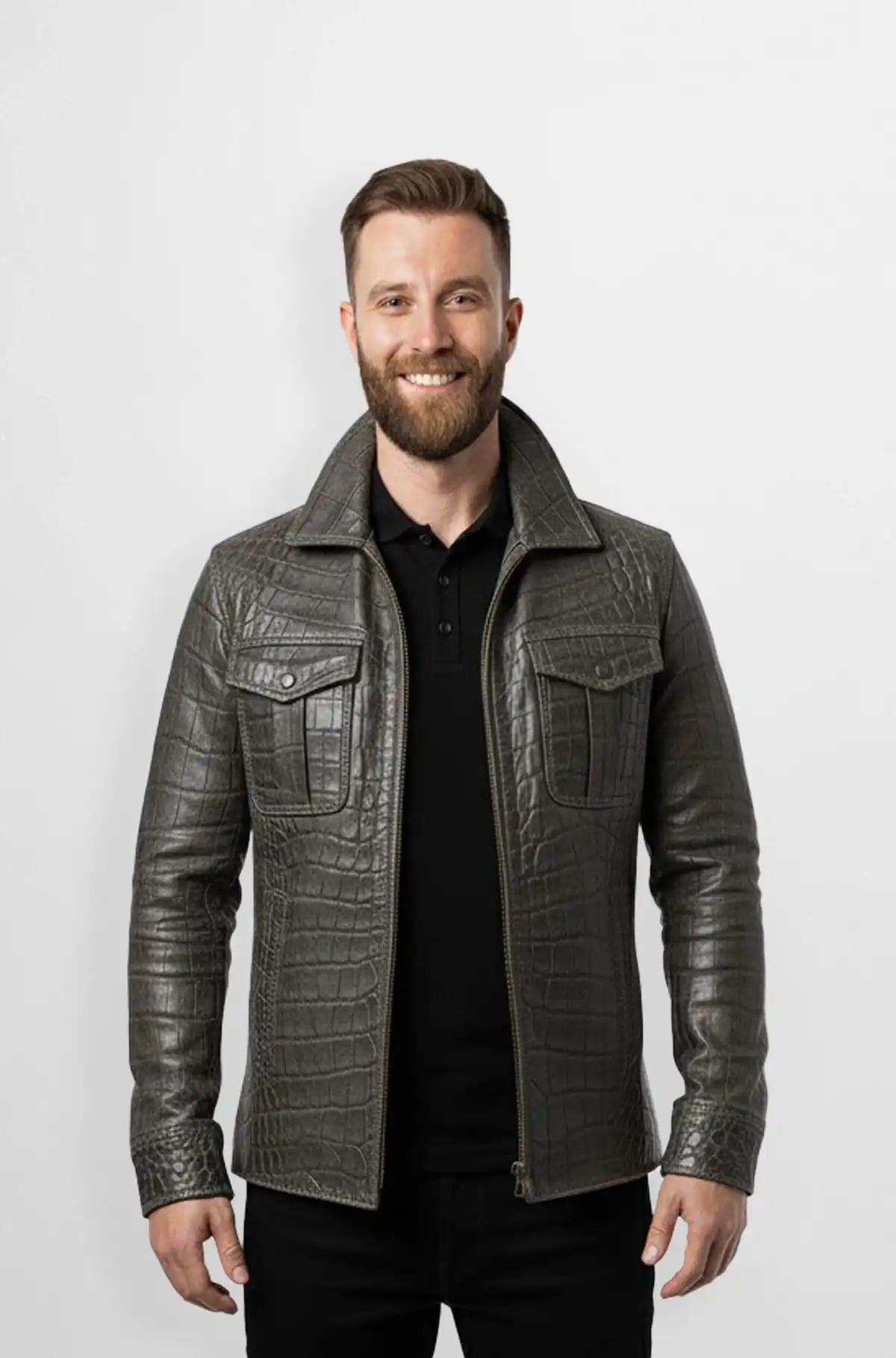 Charcoal Grey Crocodile Leather Trucker Jacket Charcoal Grey Crocodile Leather Trucker Jacket