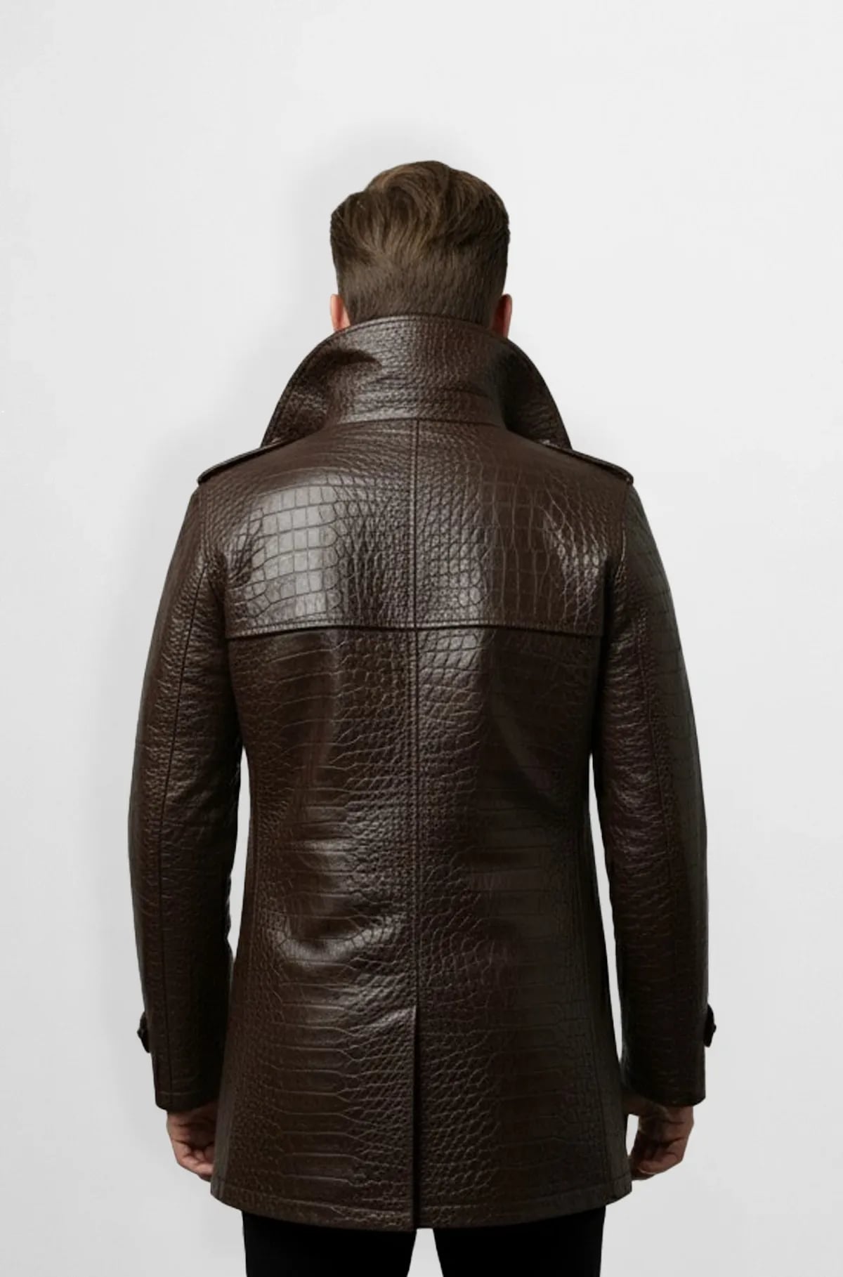 Classic Brown Crocodile Pattern Leather Trench Coat Classic Brown Crocodile Pattern Leather Trench Coat