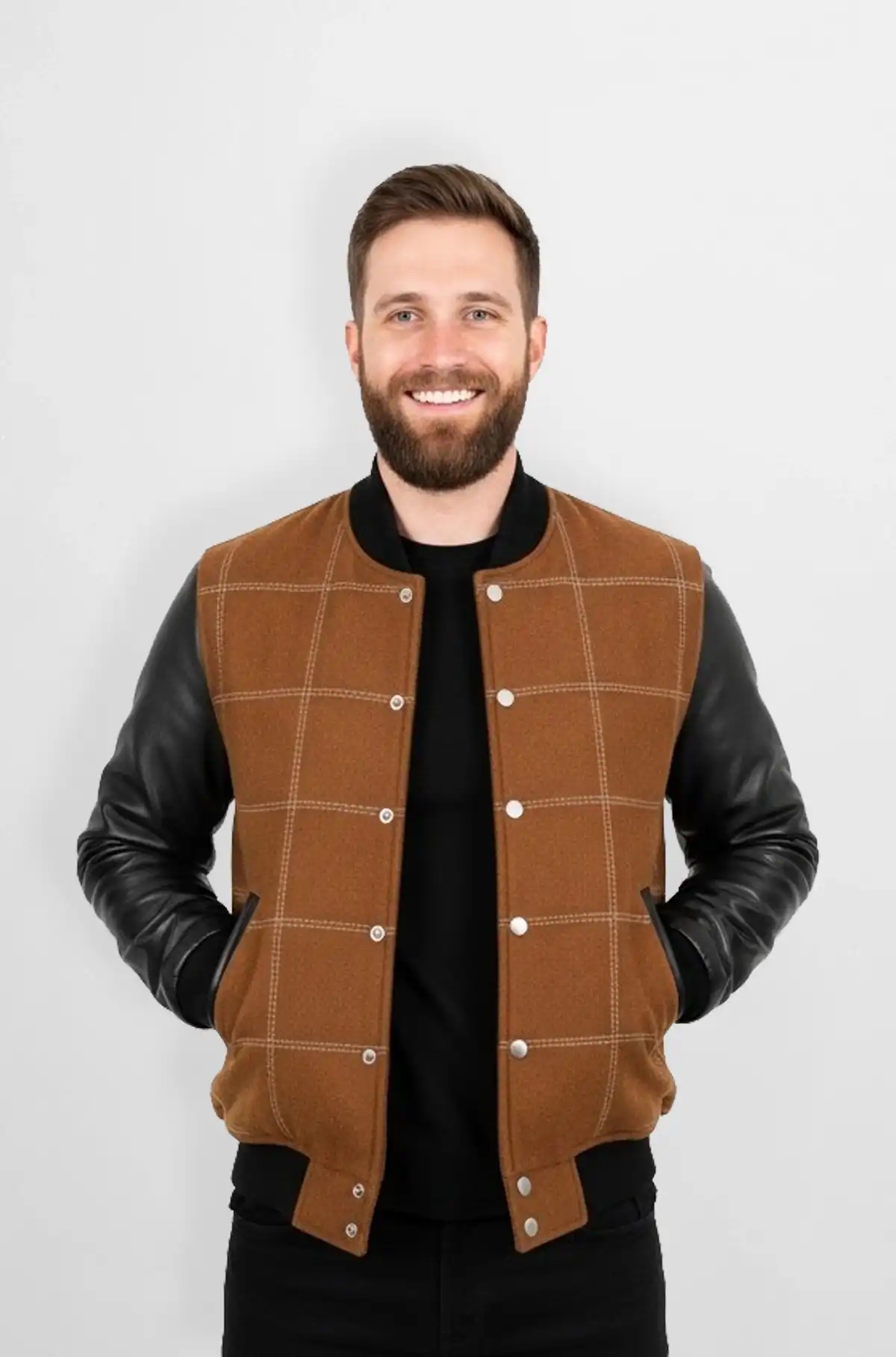 Classic Brown Wool Leather Bomber Jacket Classic Brown Wool Leather Bomber Jacket