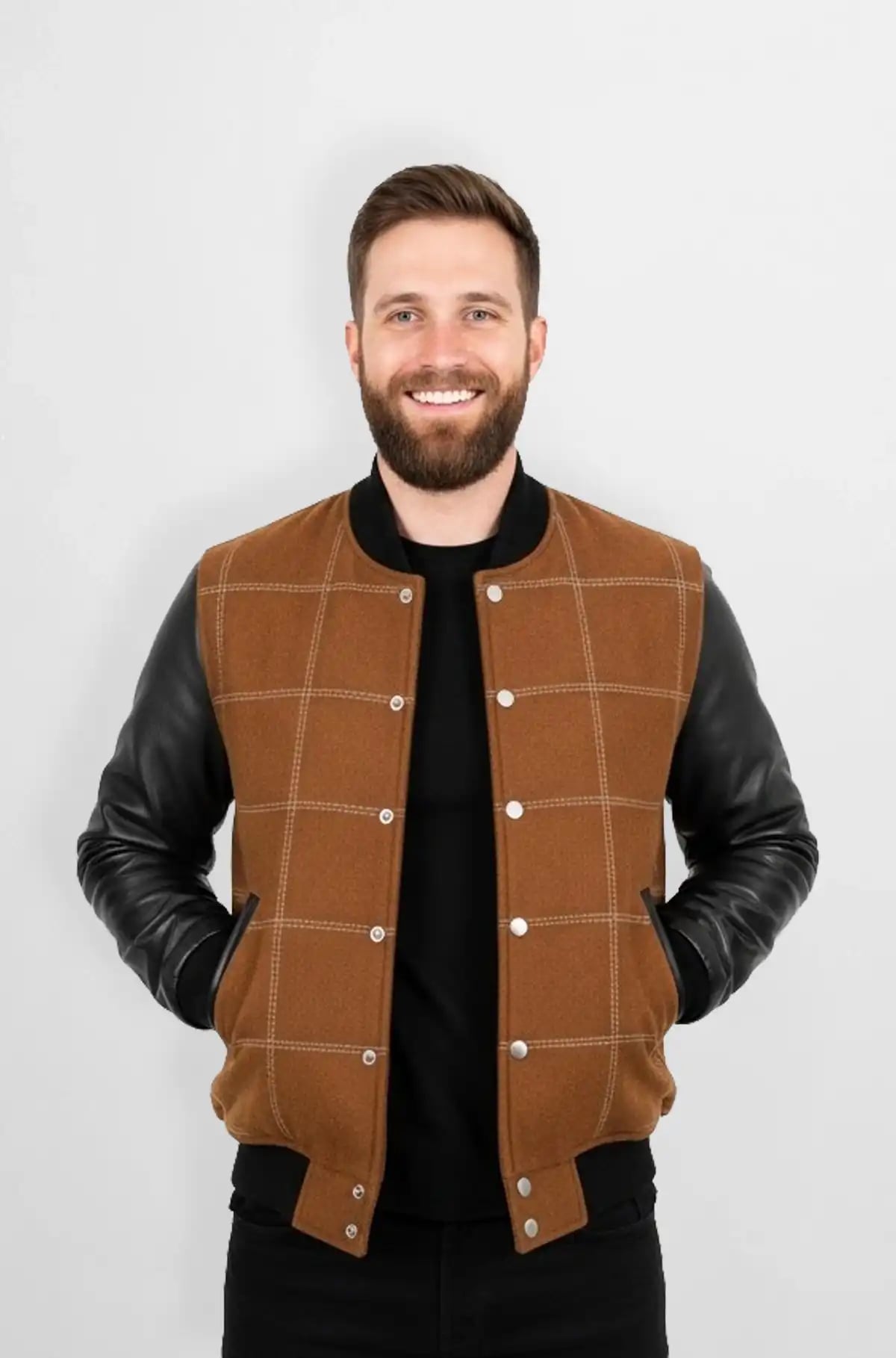 Classic Brown Wool Leather Bomber Jacket Classic Brown Wool Leather Bomber Jacket