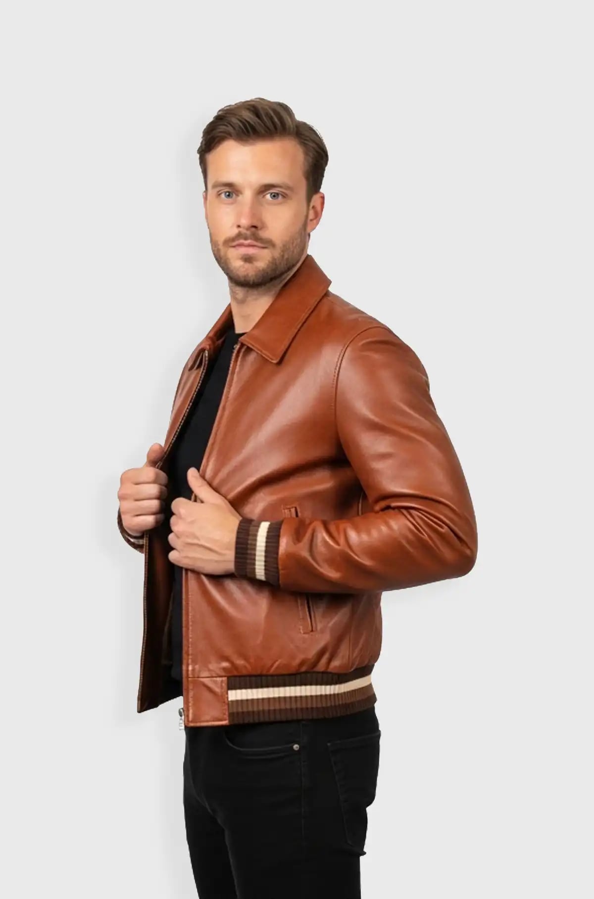 Classic Cognac Brown Bomber Leather Jacket Classic Cognac Brown Bomber Leather Jacket