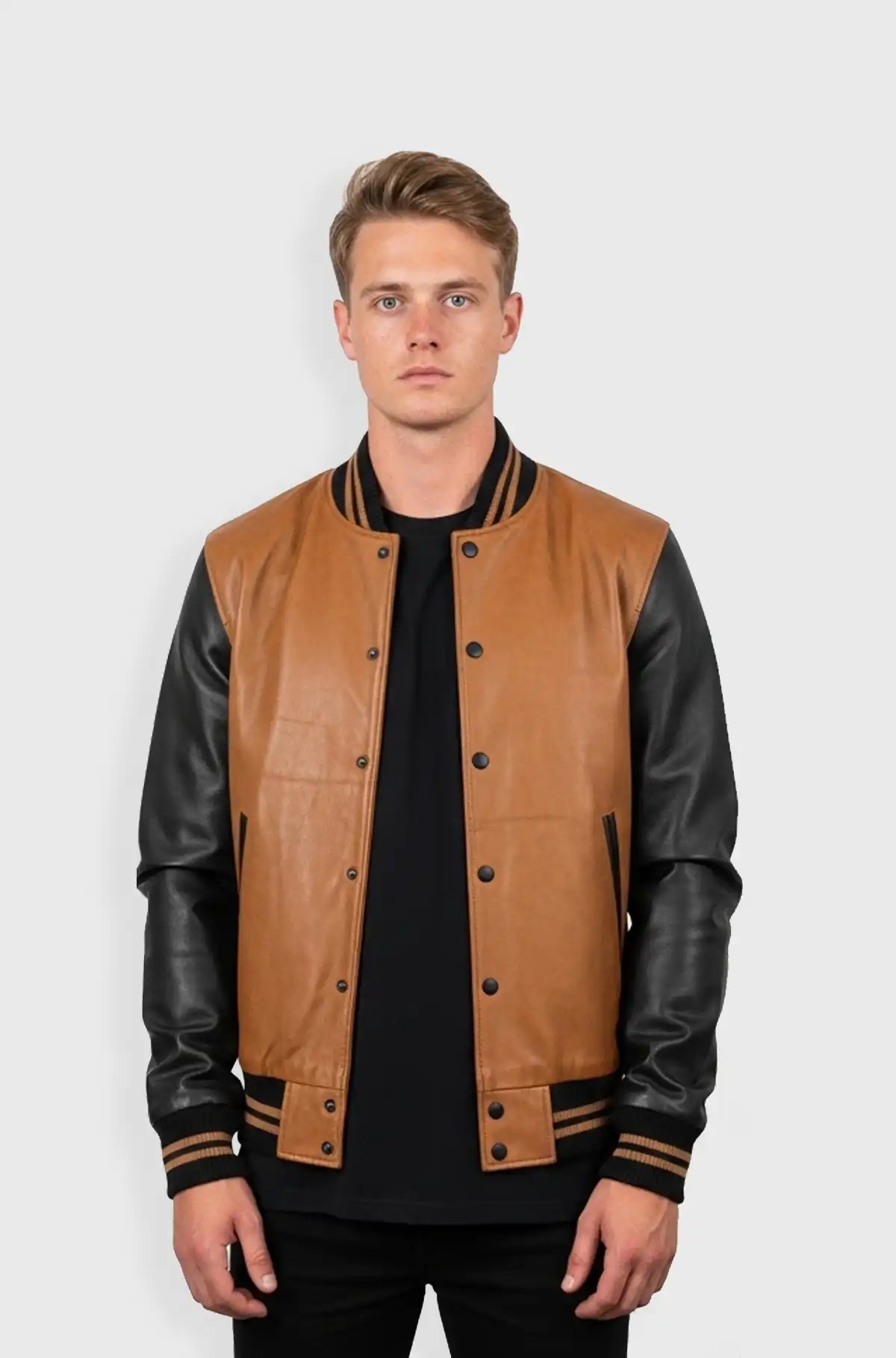 Classic Edge Tan Black Varsity Leather Jacket Classic Edge Tan Black Varsity Leather Jacket