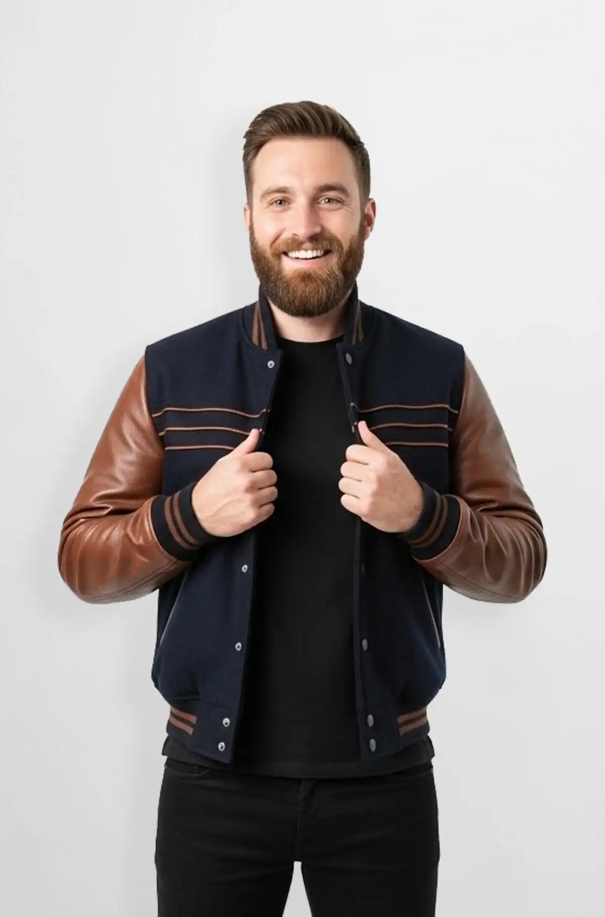 Classic Navy Blue And Brown Varsity Leather Jacket Classic Navy Blue And Brown Varsity Leather Jacket
