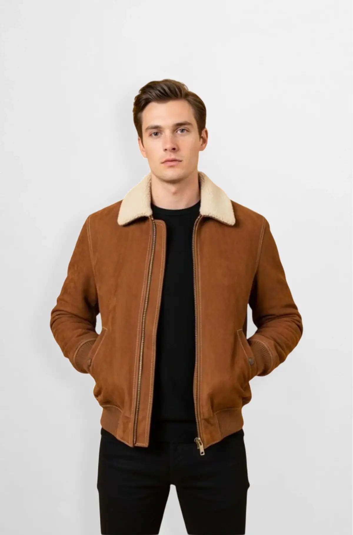 Cognac Bomber Jacket with Sherpa Collar Cognac Bomber Jacket with Sherpa Collar