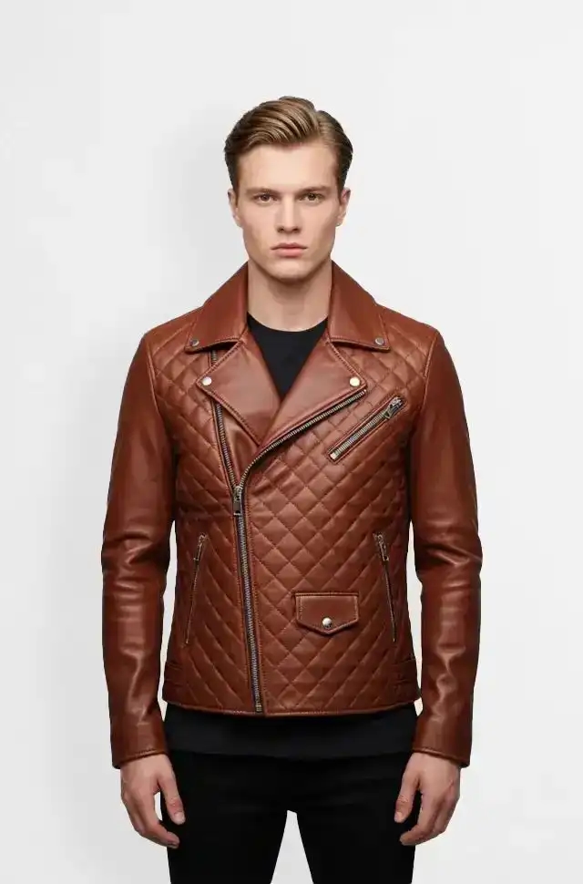 Cognac Quilted Leather Biker Jacket for Men Cognac Quilted Leather Biker Jacket for Men