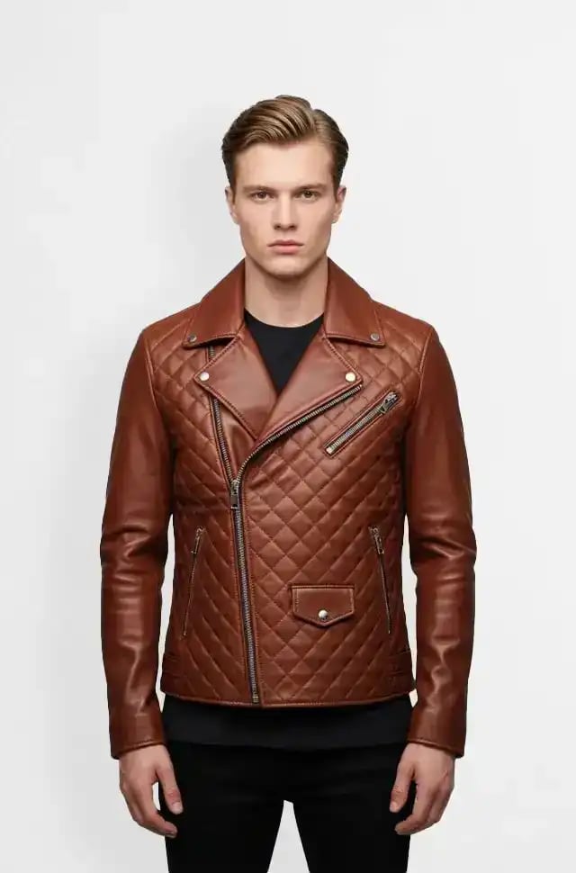 Cognac Quilted Leather Biker Jacket for Men Cognac Quilted Leather Biker Jacket for Men