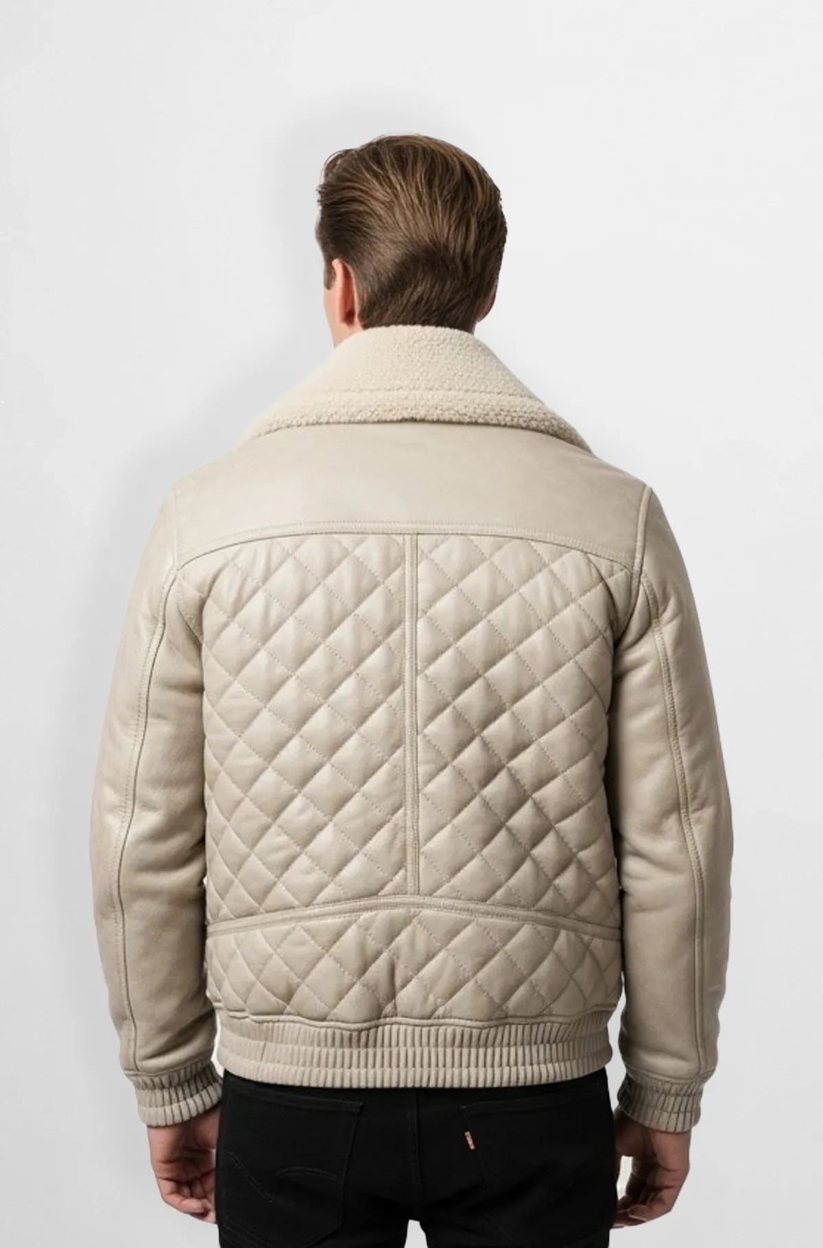 Cream Quilted Shearling Leather Bomber Jacket Cream Quilted Shearling Leather Bomber Jacket
