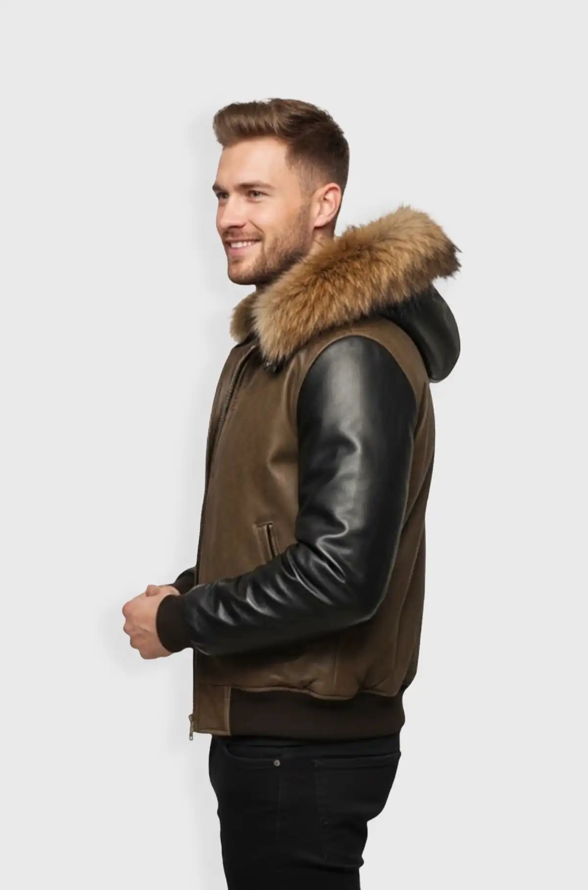 Creamy Brown Bomber Fur Hood Leather Jacket Creamy Brown Bomber Fur Hood Leather Jacket