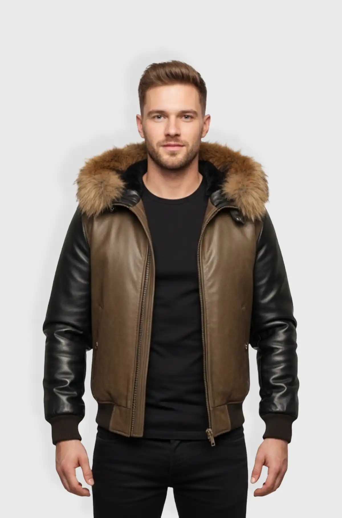 Creamy Brown Bomber Fur Hood Leather Jacket Creamy Brown Bomber Fur Hood Leather Jacket