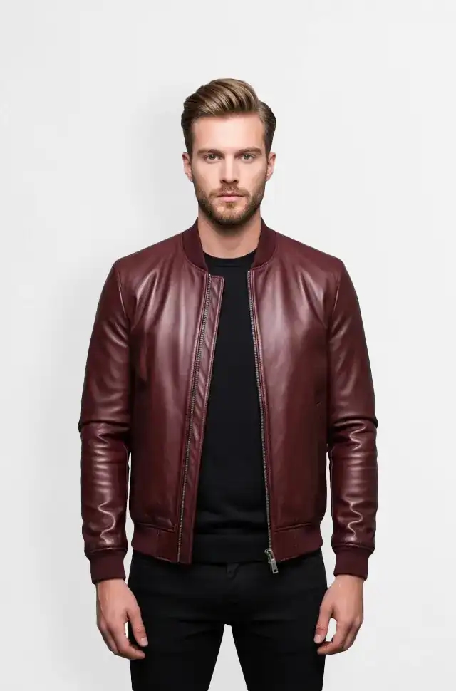 Crimson Crest Mens Maroon Leather Bomber Jacket Crimson Crest Mens Maroon Leather Bomber Jacket