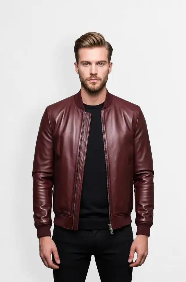 Crimson Crest Mens Maroon Leather Bomber Jacket Crimson Crest Mens Maroon Leather Bomber Jacket