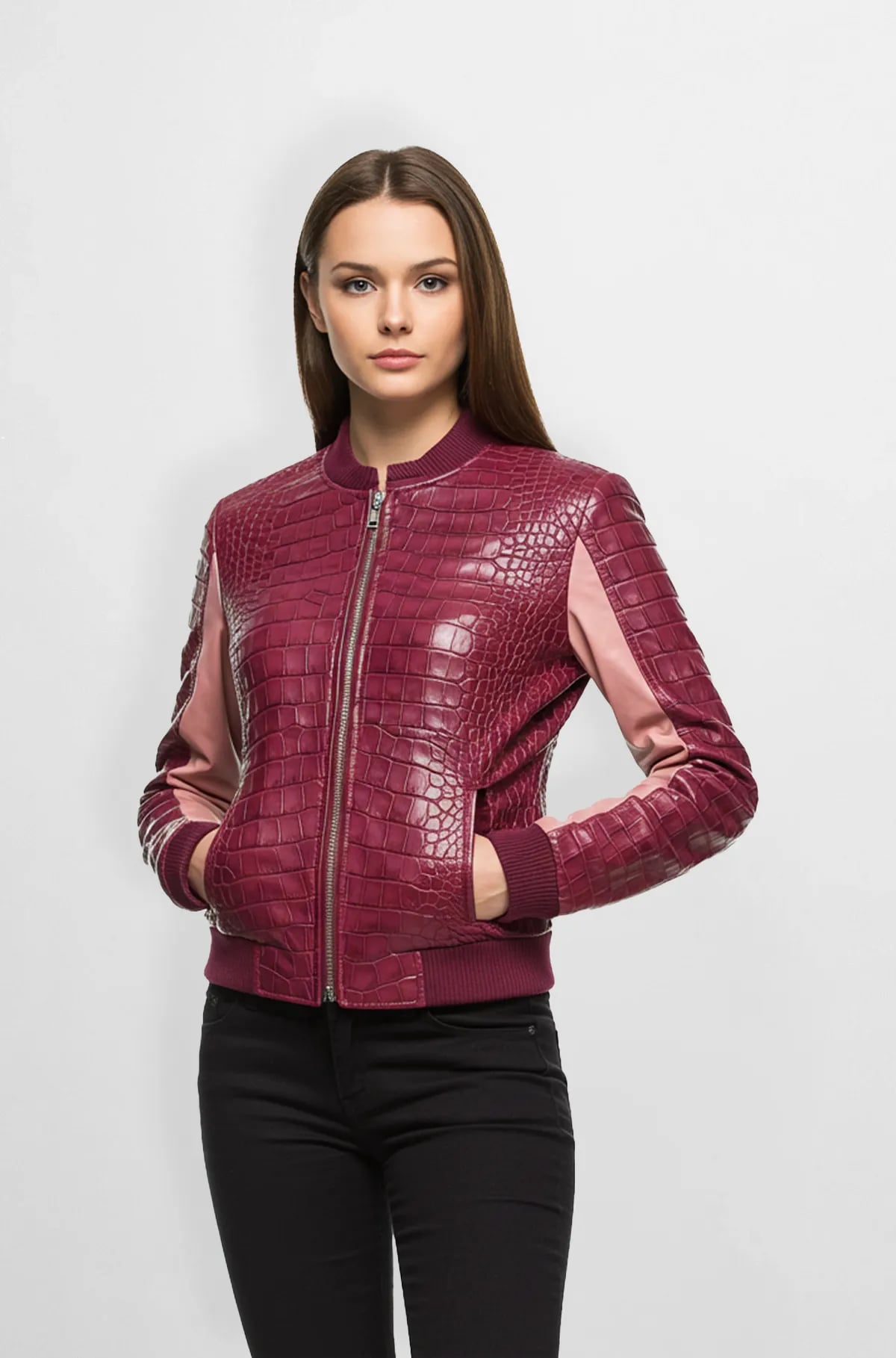 Crimson Lux Croc Bomber Burgundy with Soft Pink Sleeves Crimson Lux Croc Bomber Burgundy with Soft Pink Sleeves
