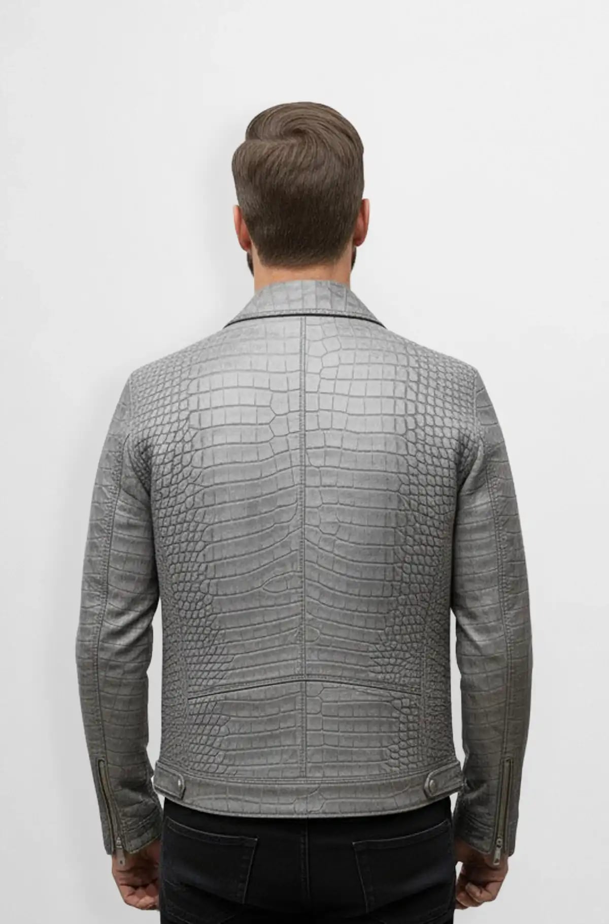 Croc Patterned Grey Leather Biker Jacket Croc Patterned Grey Leather Biker Jacket