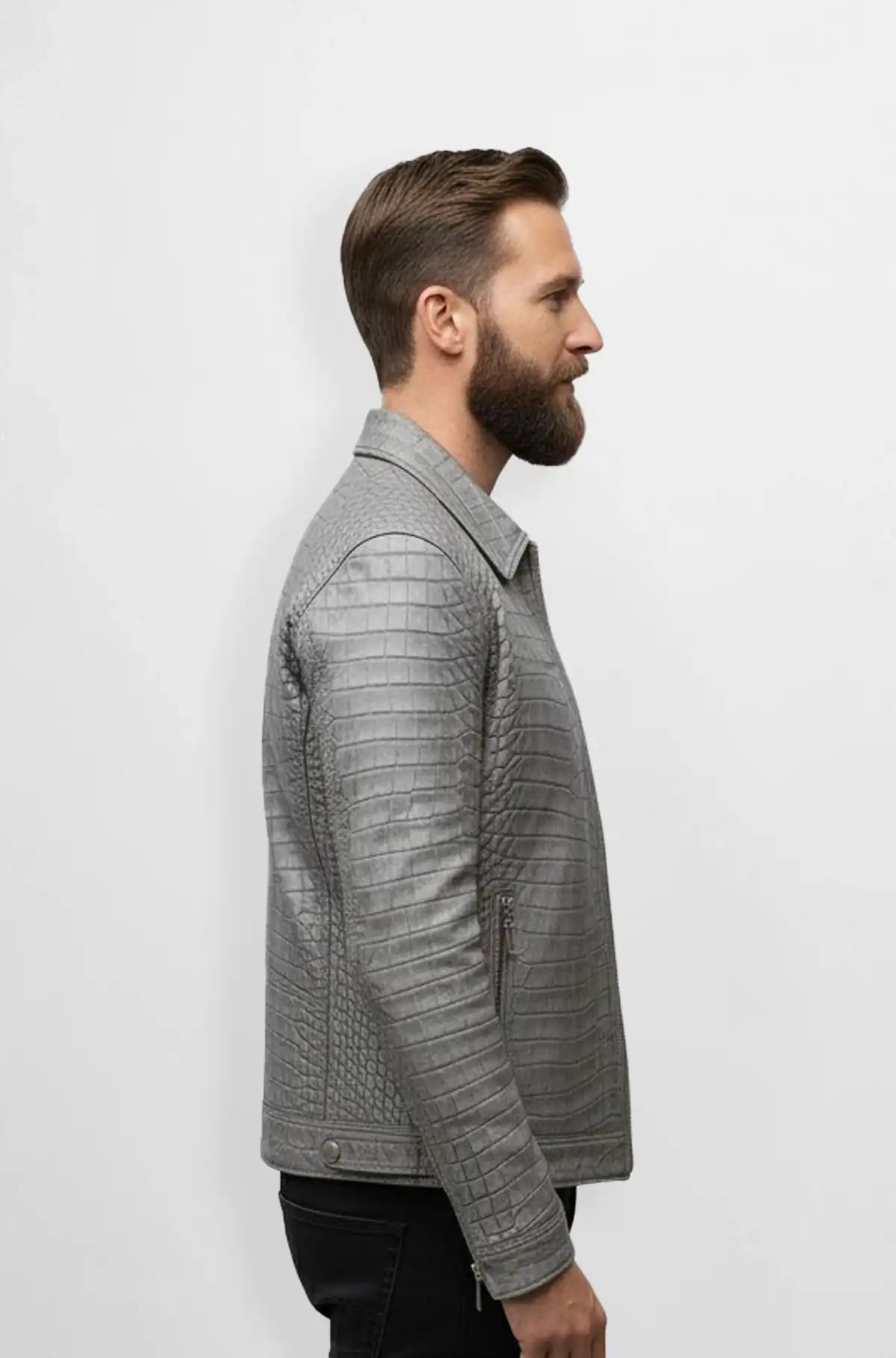 Croc Patterned Grey Leather Biker Jacket Croc Patterned Grey Leather Biker Jacket