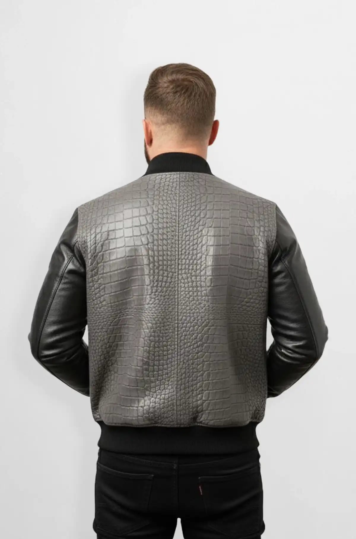 Crocodile Patterned Bomber Jacket in Grey and Black Crocodile Patterned Bomber Jacket in Grey and Black
