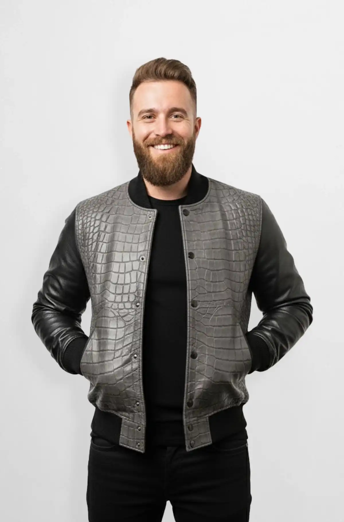 Crocodile Patterned Bomber Jacket in Grey and Black Crocodile Patterned Bomber Jacket in Grey and Black